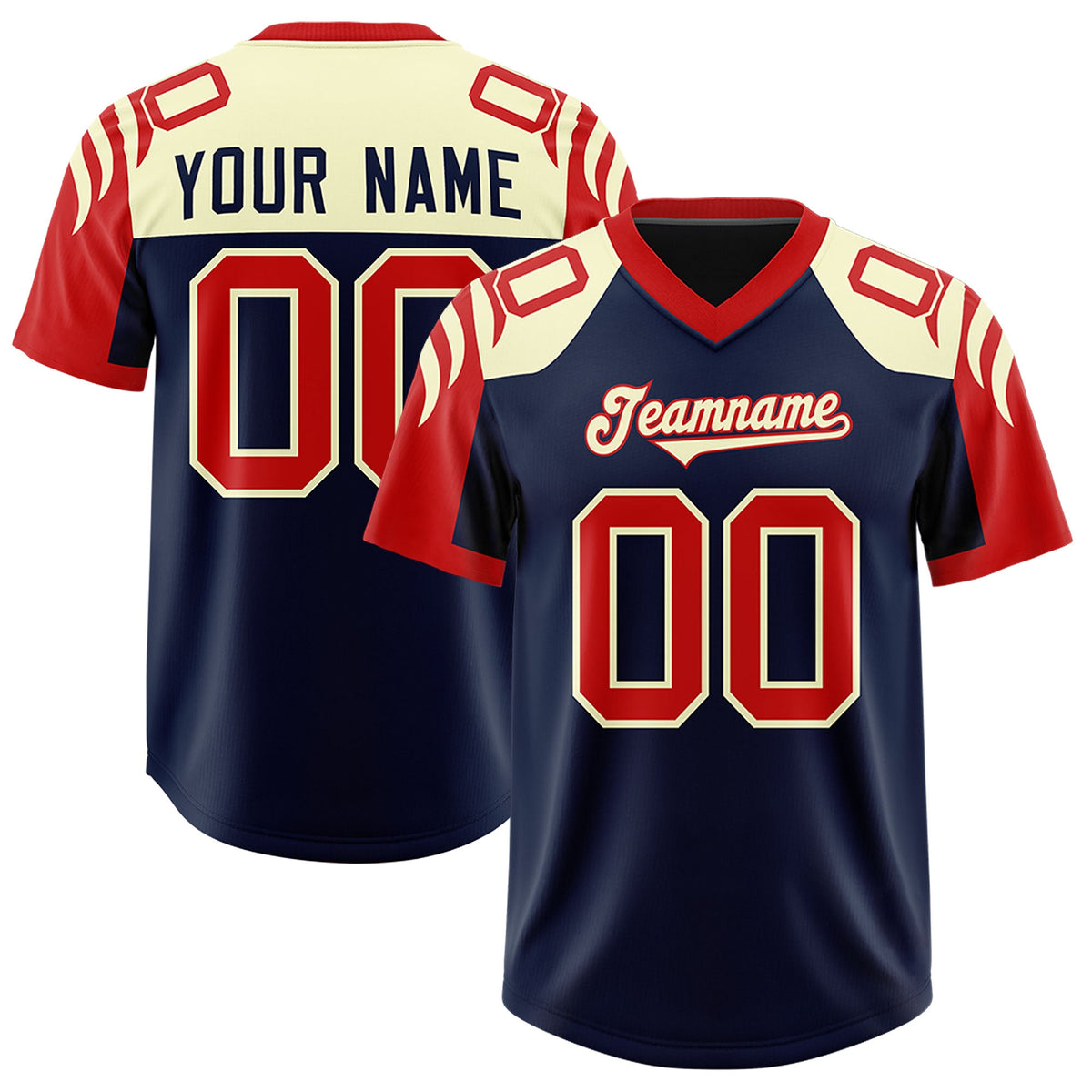 Custom Navy Red Raglan Sleeves Personalized Pattern Authentic Football Jersey