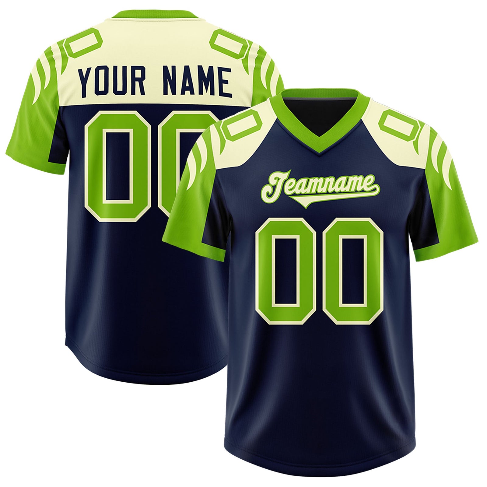 Custom Navy Neon Green Raglan Sleeves Personalized Pattern Authentic Football Jersey