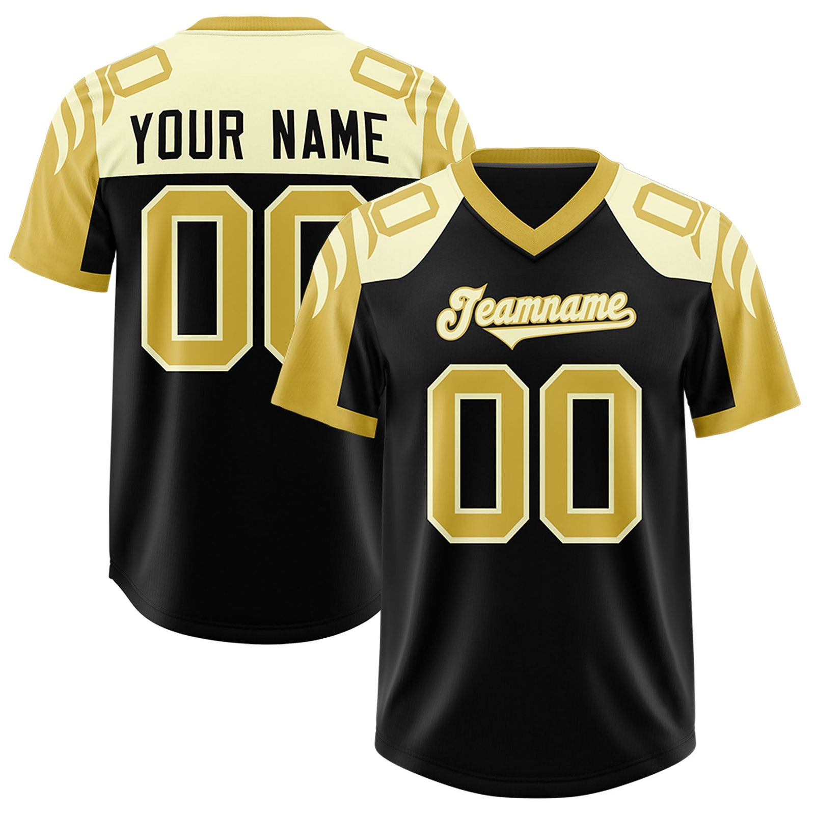 Custom Black Old Gold Raglan Sleeves Personalized Pattern Authentic Football Jersey