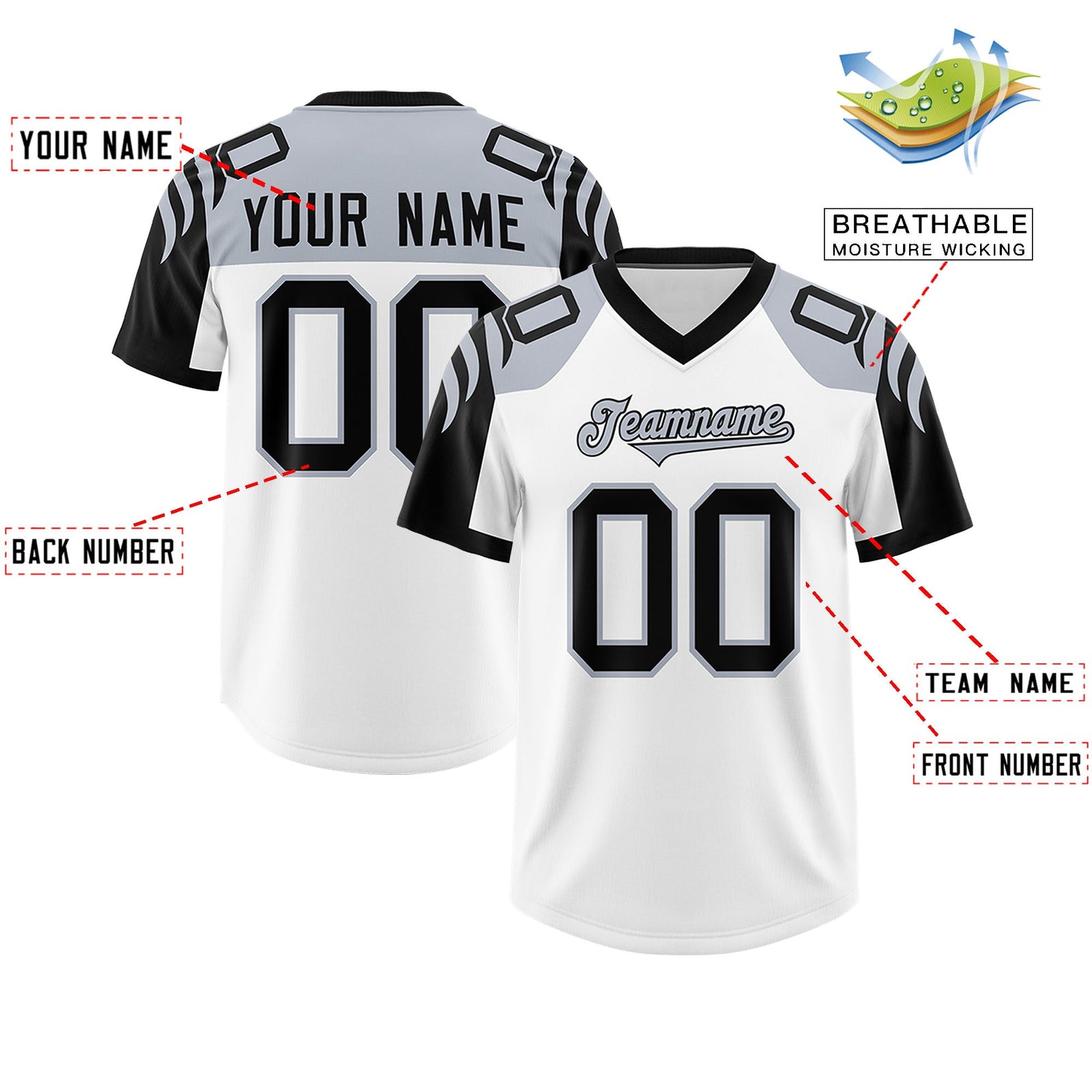 Custom White Black Raglan Sleeves Personalized Pattern Authentic Football Jersey