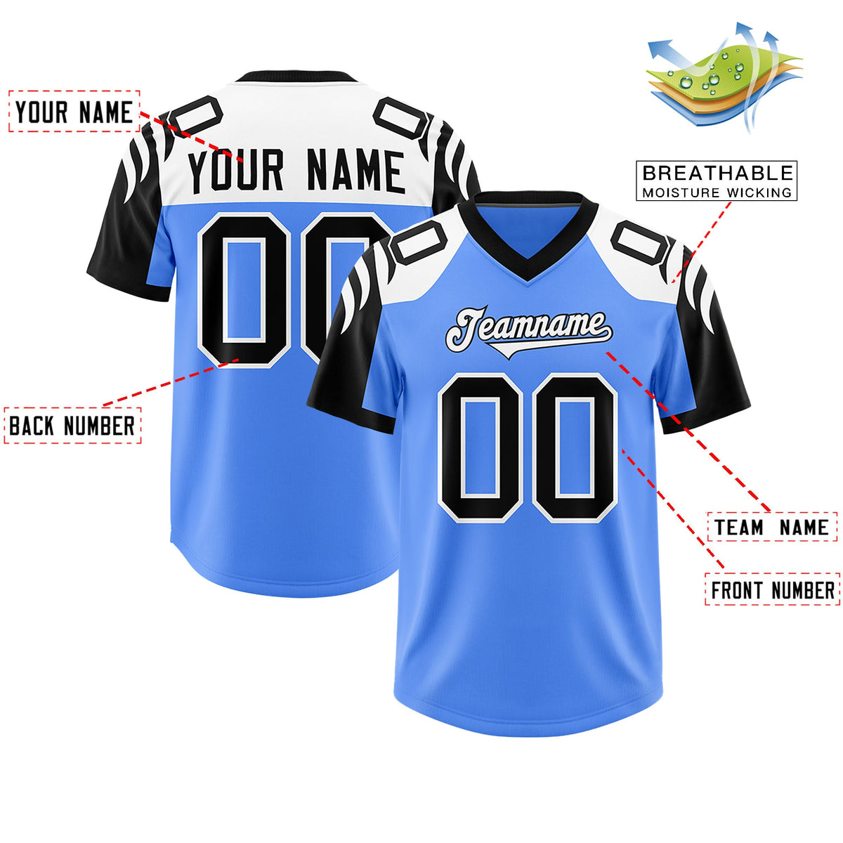 Custom Powder Blue Black Raglan Sleeves Personalized Pattern Authentic Football Jersey