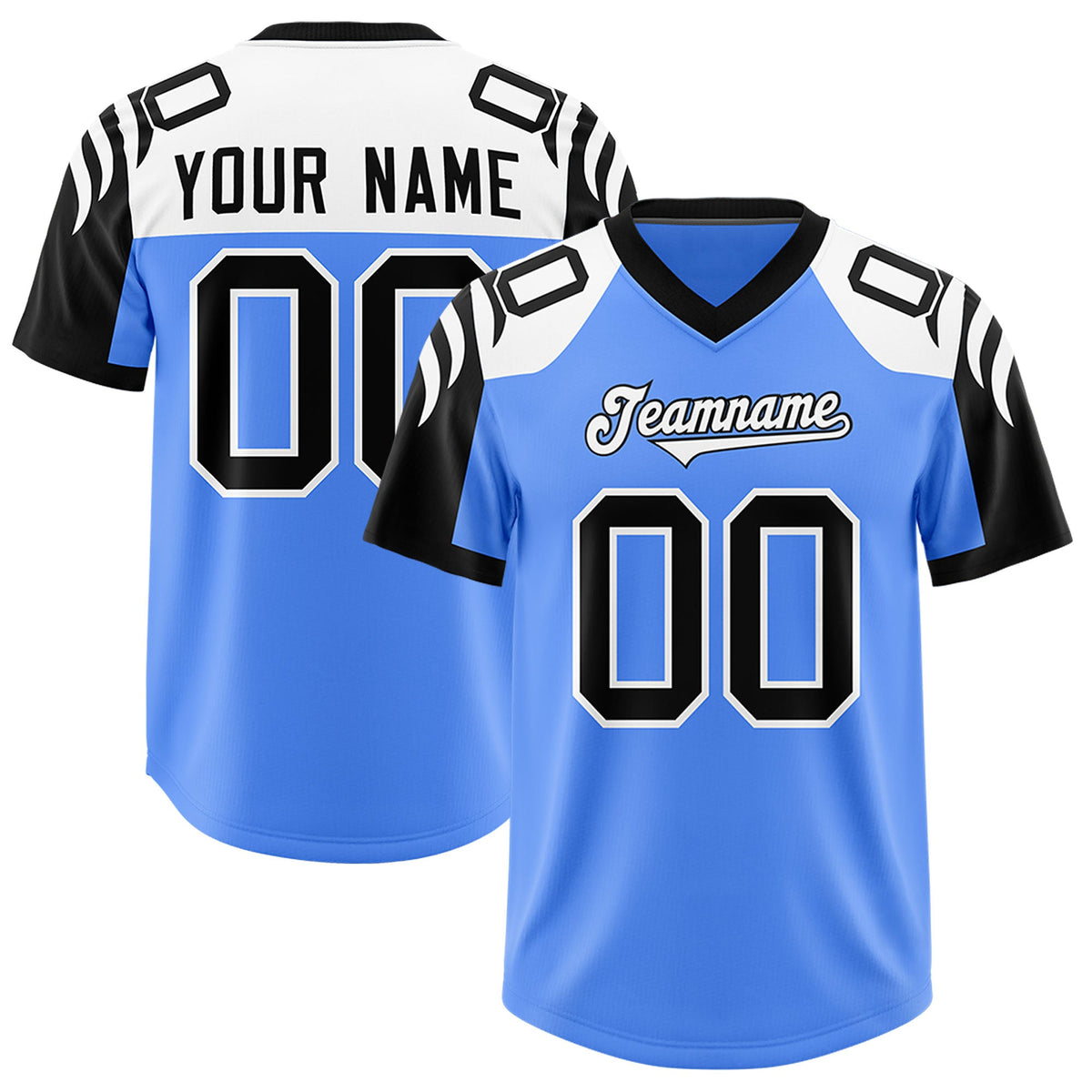 Custom Powder Blue Black Raglan Sleeves Personalized Pattern Authentic Football Jersey