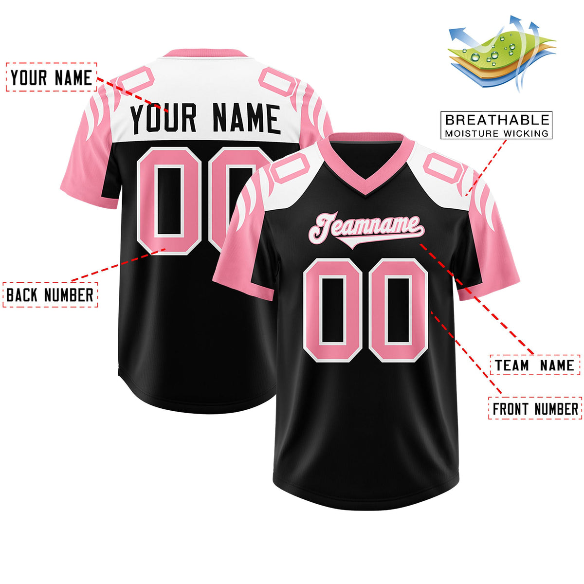 Custom Black Light Pink Raglan Sleeves Personalized Pattern Authentic Football Jersey