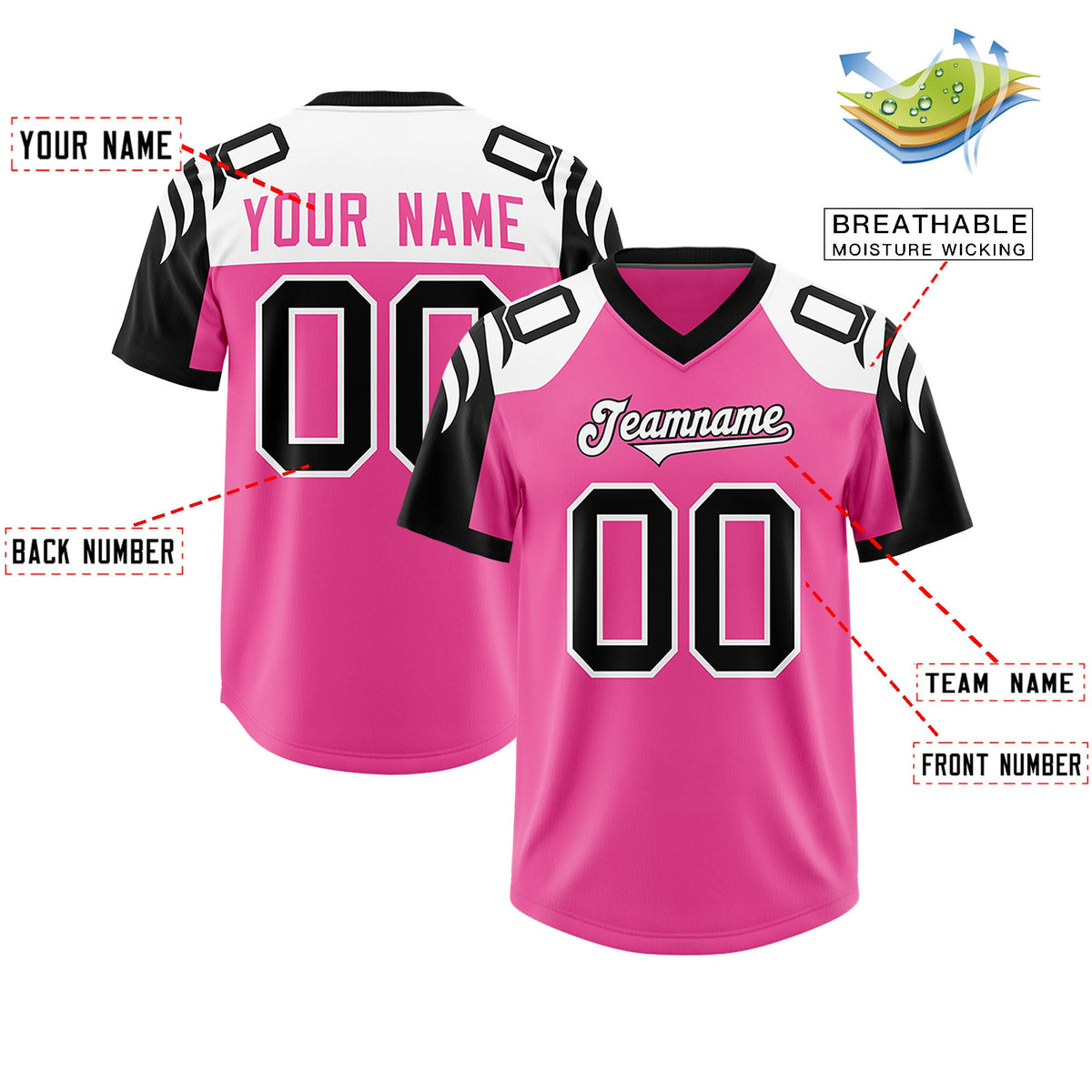 Custom Pink Black Raglan Sleeves Personalized Pattern Authentic Football Jersey