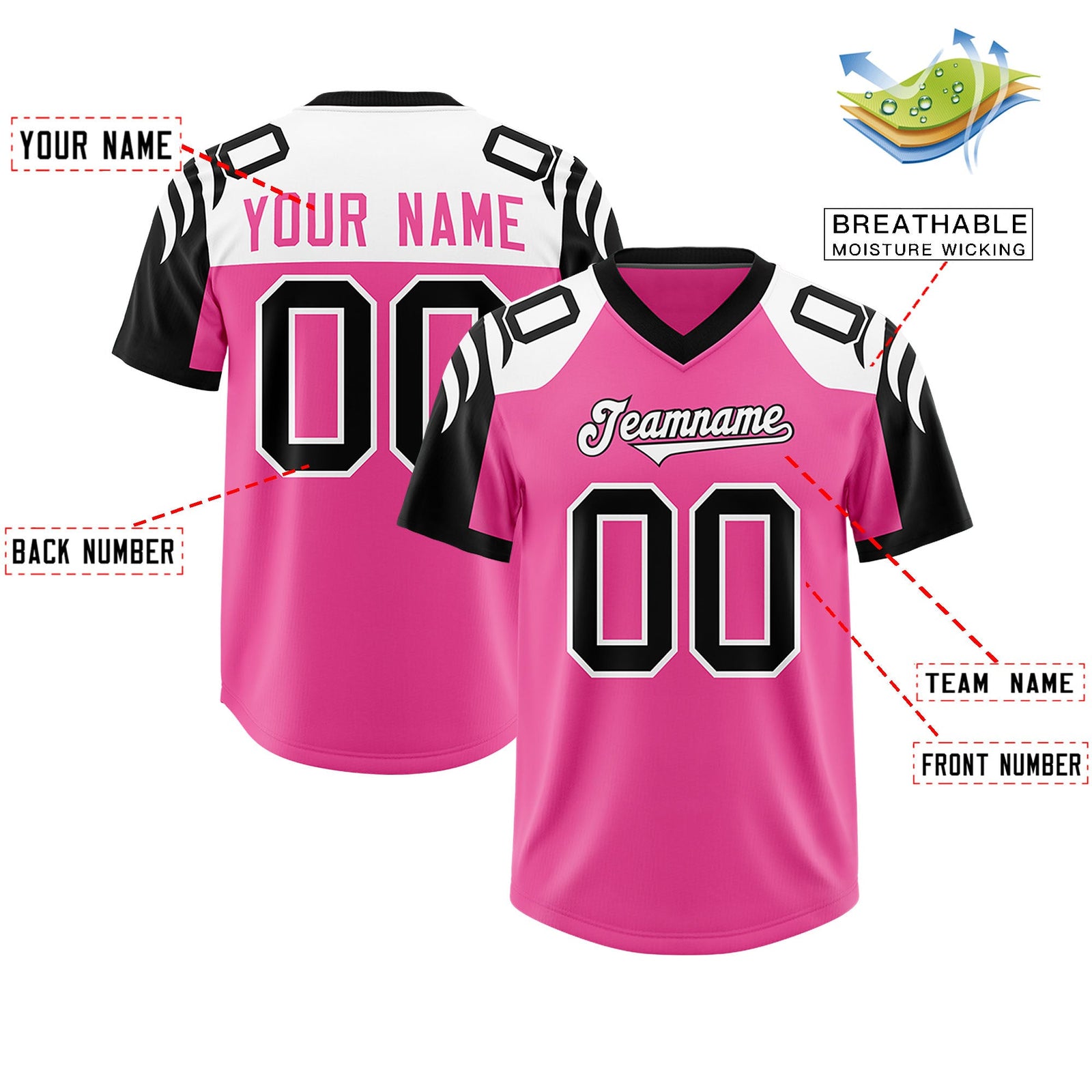 Custom Pink Black Raglan Sleeves Personalized Pattern Authentic Football Jersey