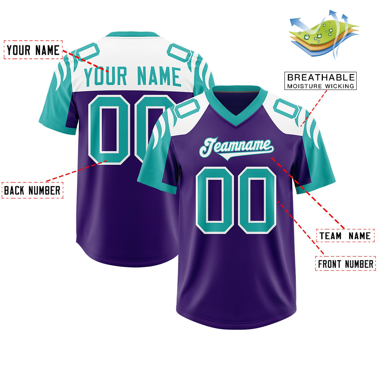 Custom Purple Aqua Raglan Sleeves Personalized Pattern Authentic Football Jersey
