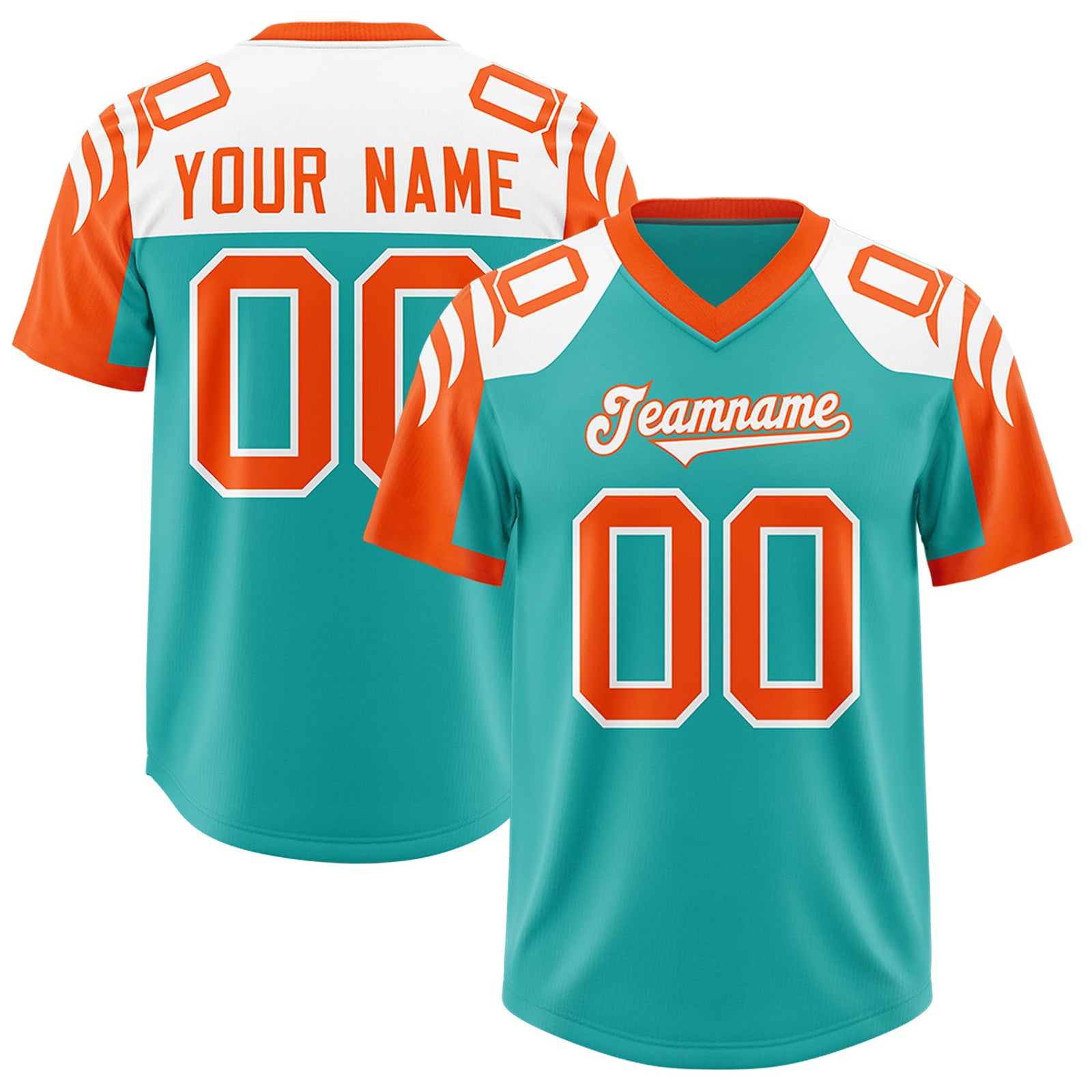 Custom Aqua Orange Raglan Sleeves Personalized Pattern Authentic Football Jersey