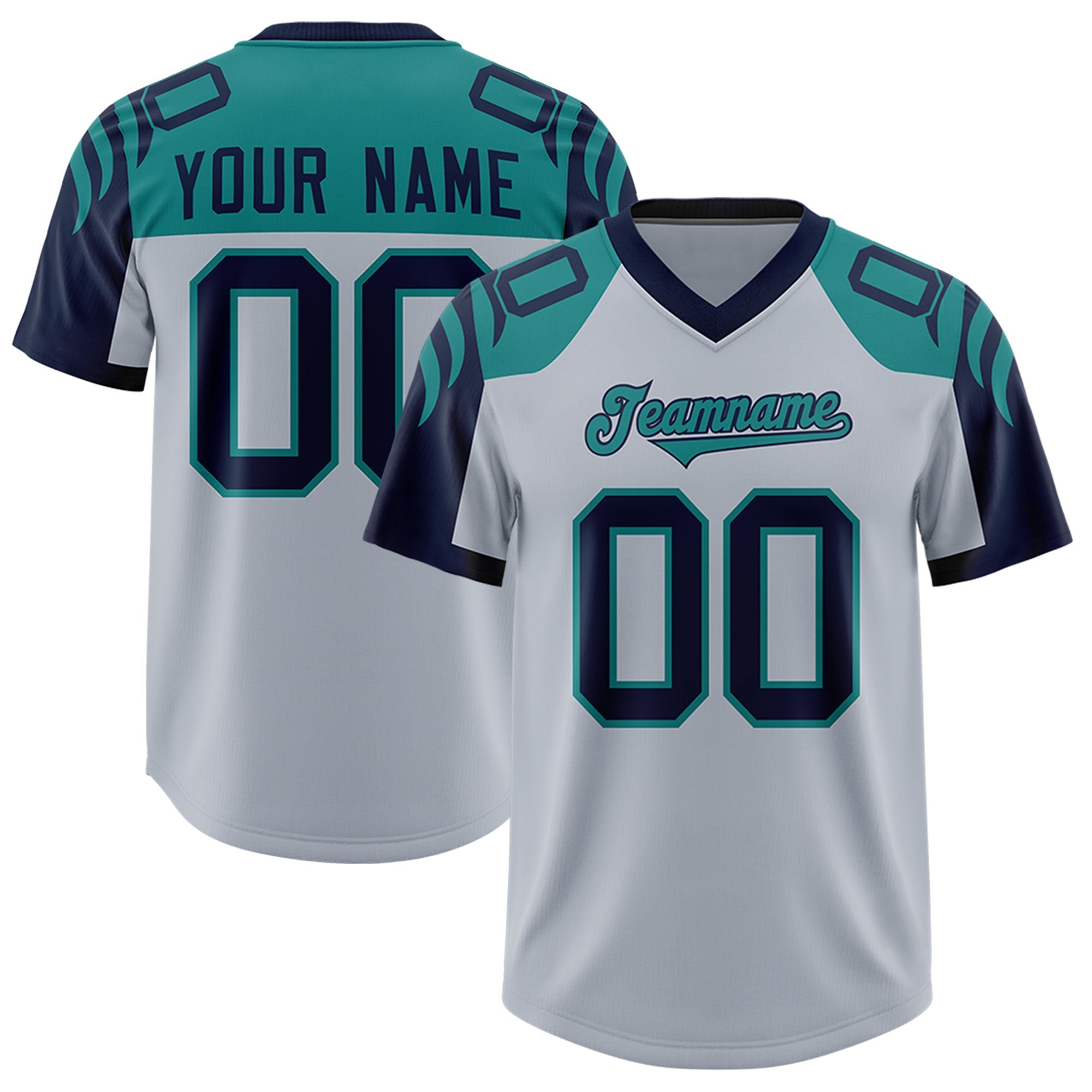 Custom Silver Navy Raglan Sleeves Personalized Pattern Authentic Football Jersey