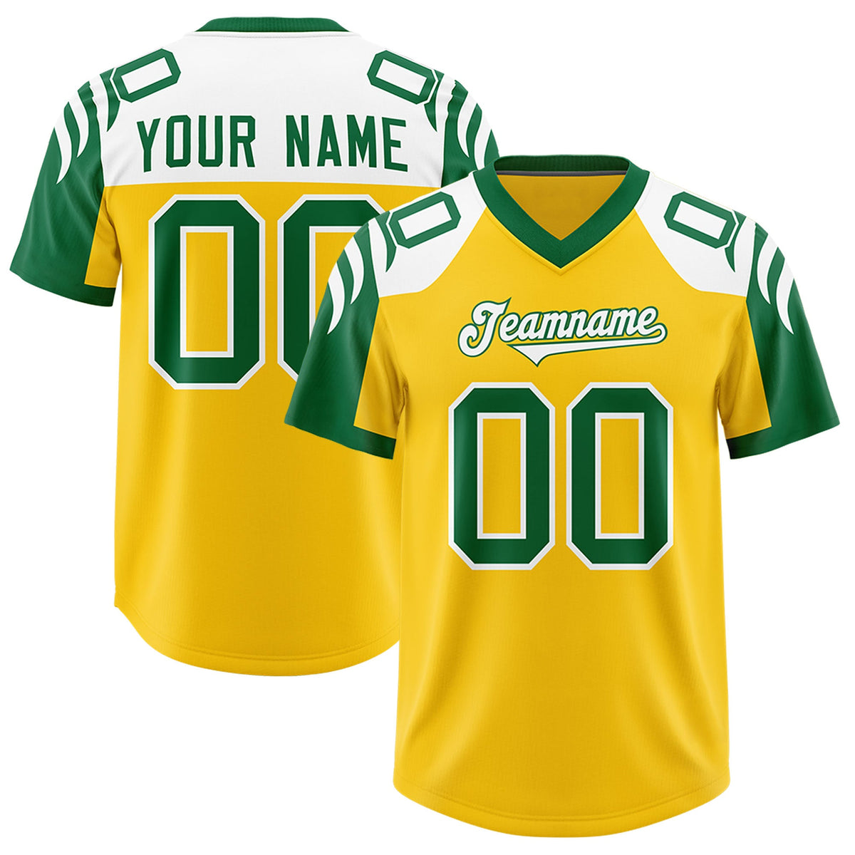 Custom Gold Kelly Green Raglan Sleeves Personalized Pattern Authentic Football Jersey