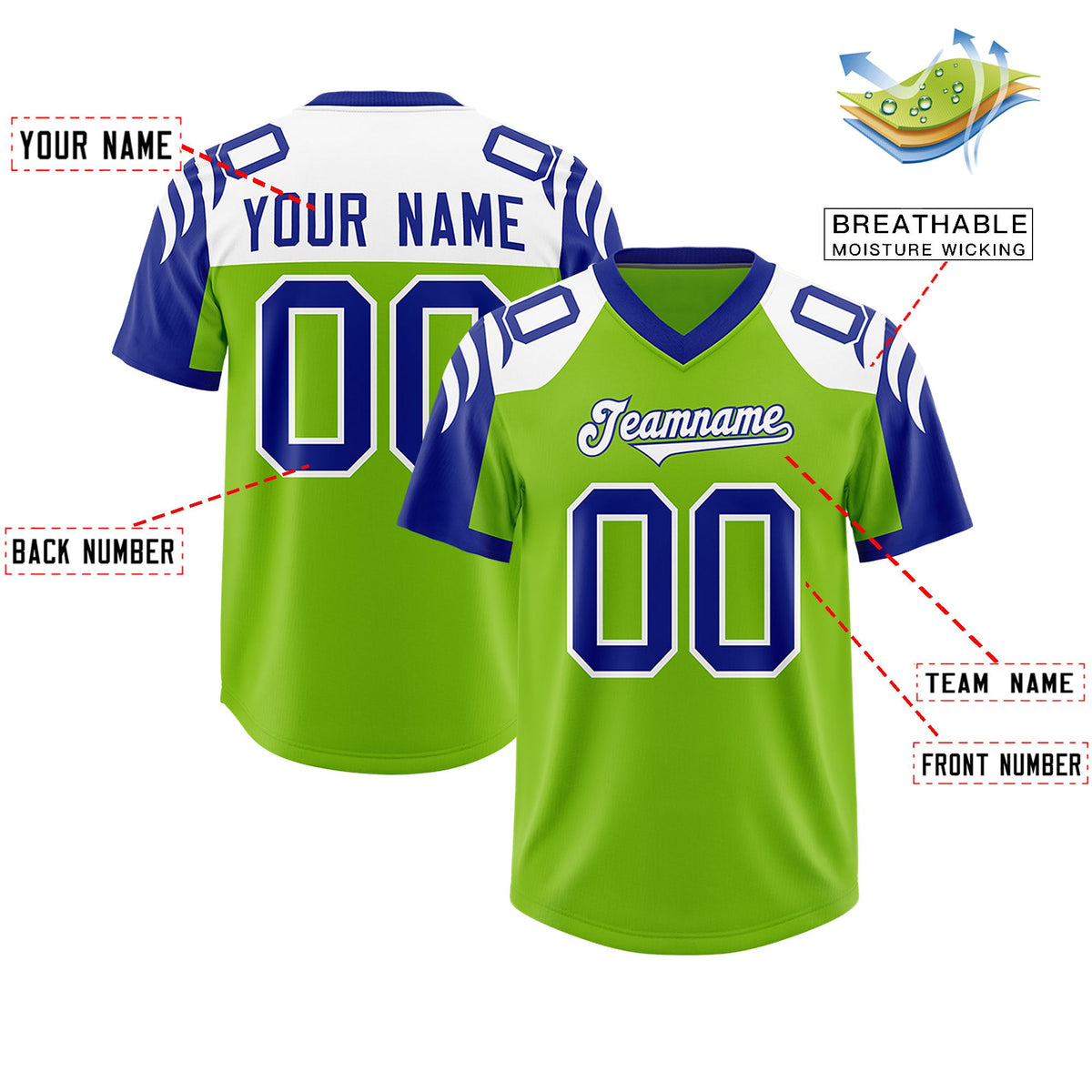 Custom Neon Green Royal Raglan Sleeves Personalized Pattern Authentic Football Jersey