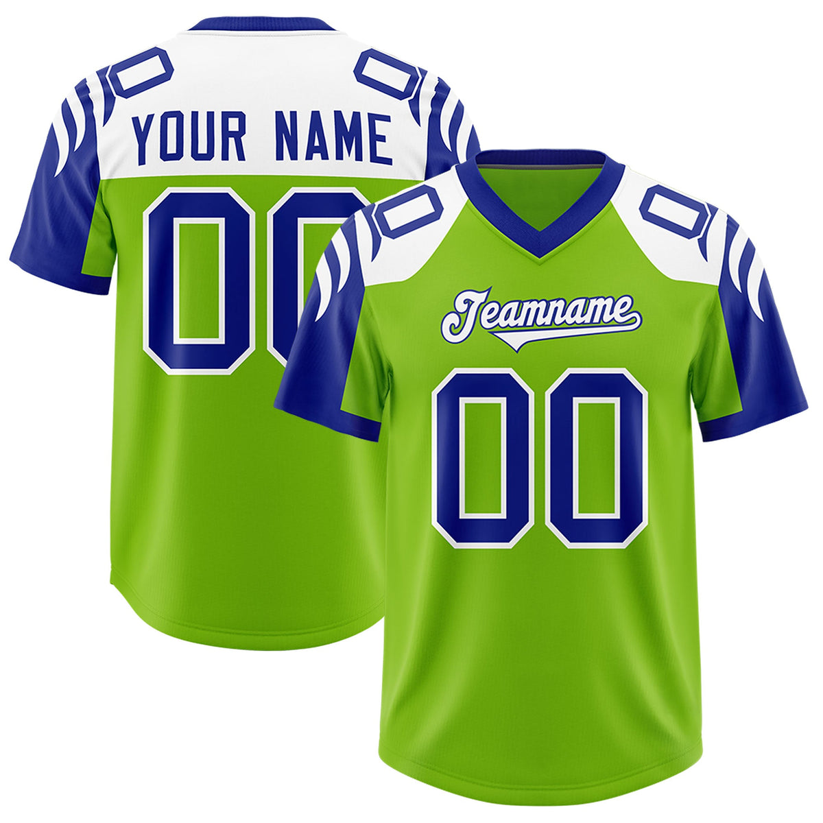 Custom Neon Green Royal Raglan Sleeves Personalized Pattern Authentic Football Jersey