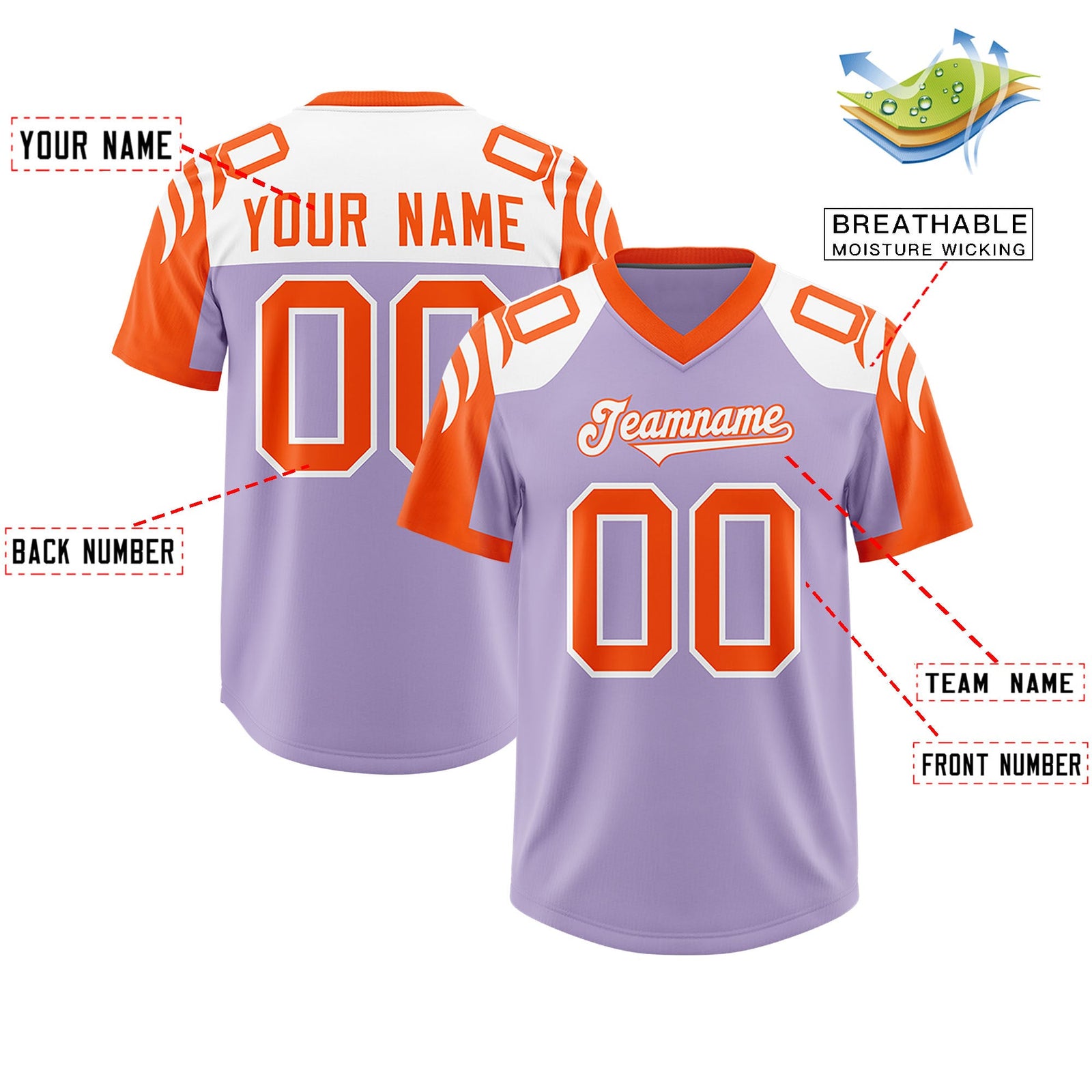 Custom Light Purple Orange Raglan Sleeves Personalized Pattern Authentic Football Jersey