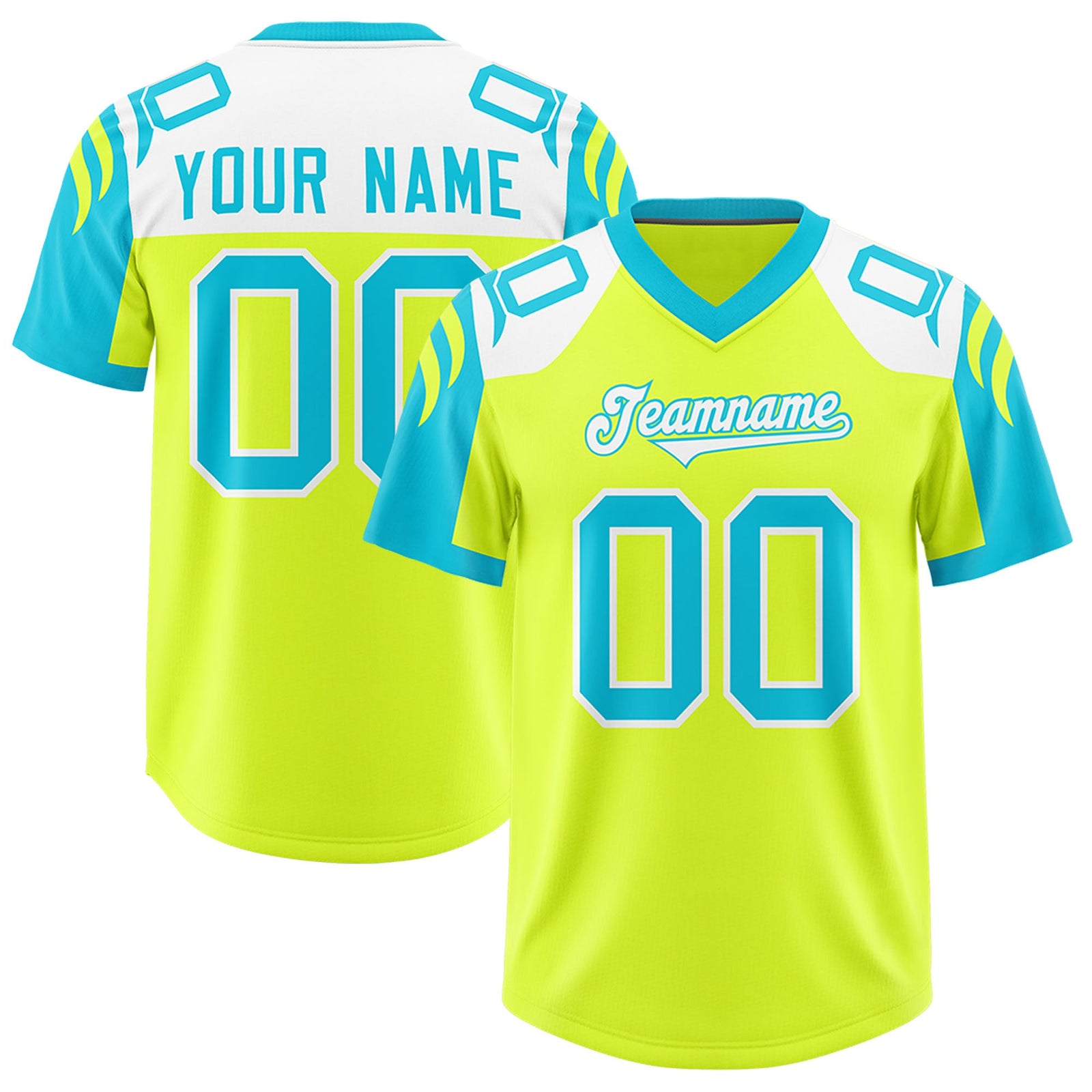 Custom Fluorescent Green Sky Blue Raglan Sleeves Personalized Pattern Authentic Football Jersey