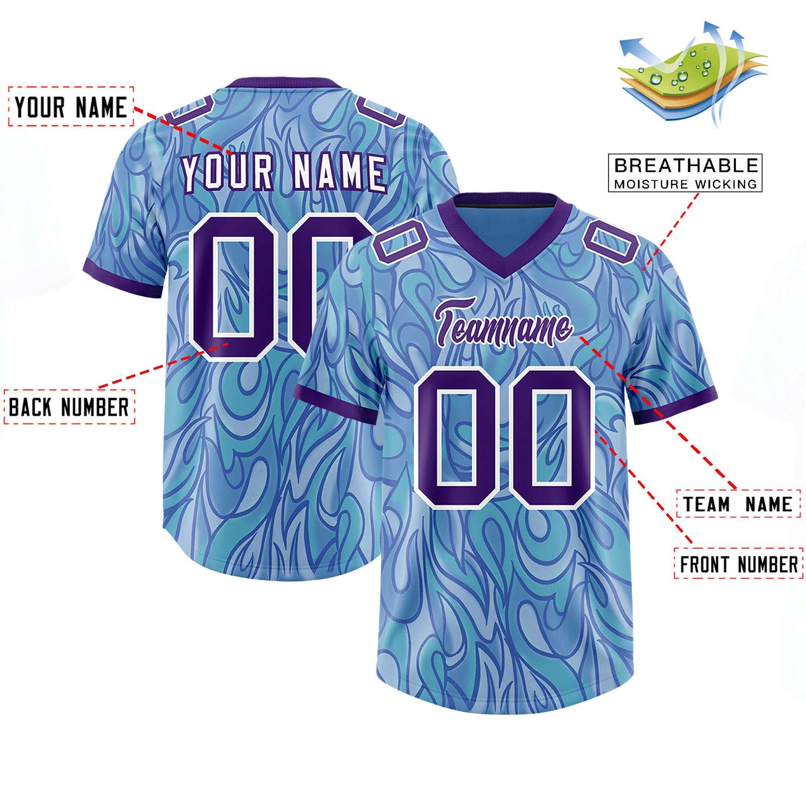 Custom Light Blue Personalized Printed Graffiti Pattern Design Authentic Football Jersey