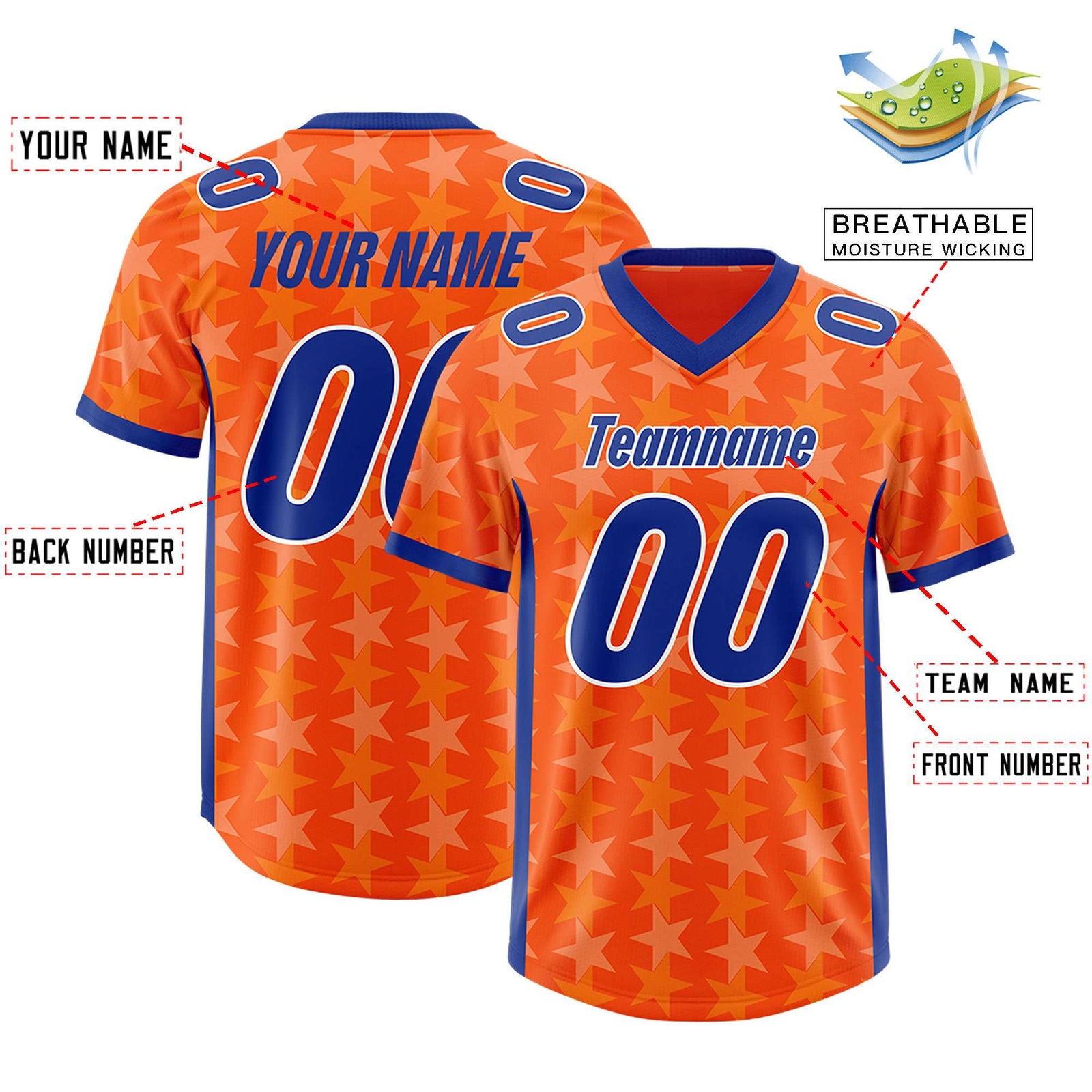 Custom Orange Royal Personalized All Star Graffiti Pattern Authentic Football Jersey