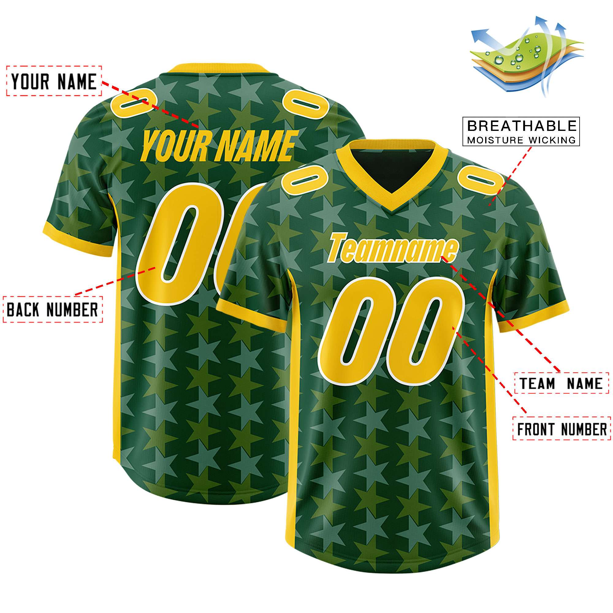 Custom Green Gold Personalized All Star Graffiti Pattern Authentic Football Jersey