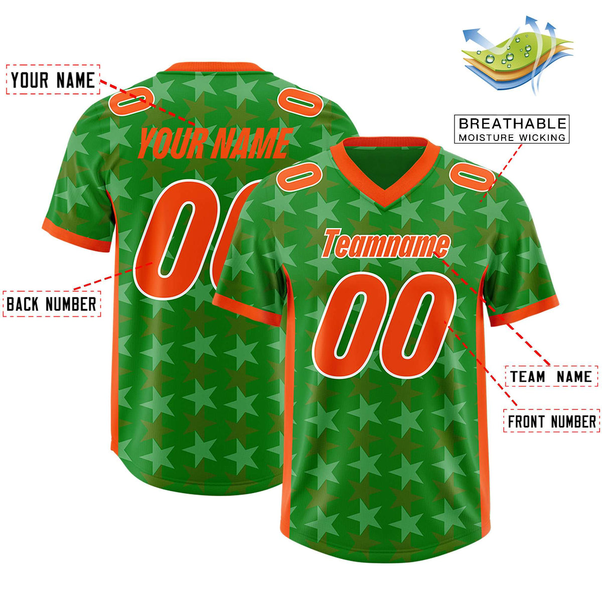 Custom Kelly Green Orange Personalized All Star Graffiti Pattern Authentic Football Jersey