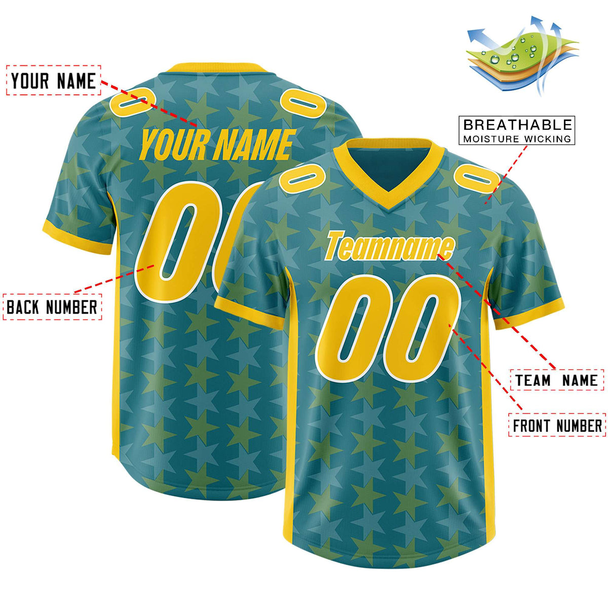 Custom Aqua Gold Personalized All Star Graffiti Pattern Authentic Football Jersey