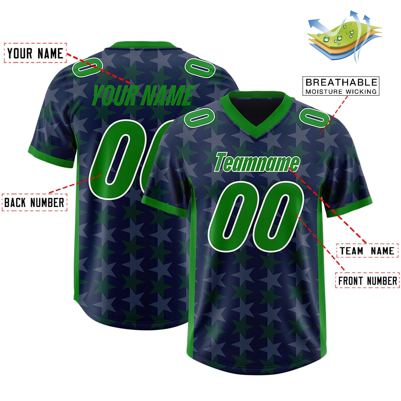 Custom Navy Kelly Green Personalized All Star Graffiti Pattern Authentic Football Jersey