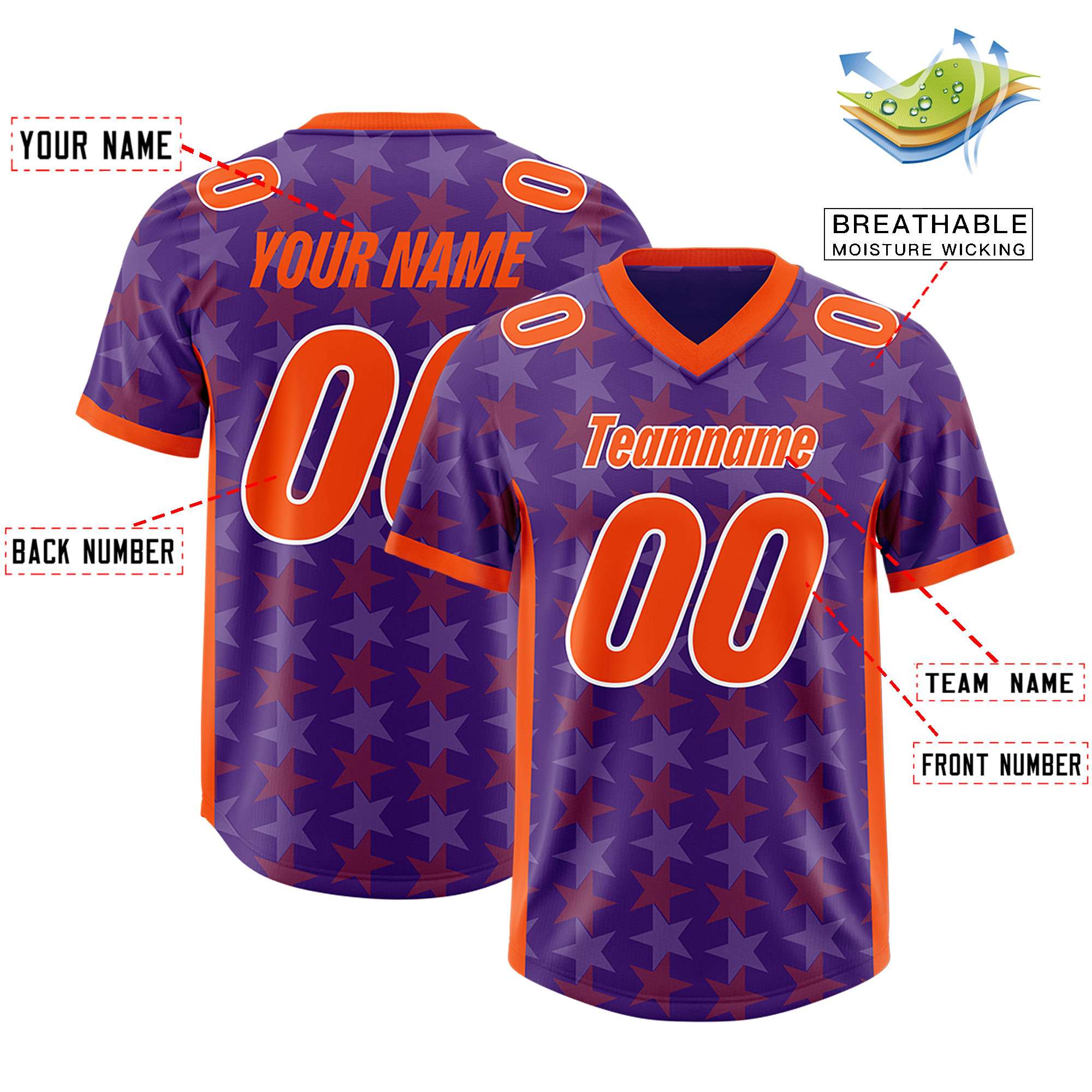 Custom Purple Orange Personalized All Star Graffiti Pattern Authentic Football Jersey