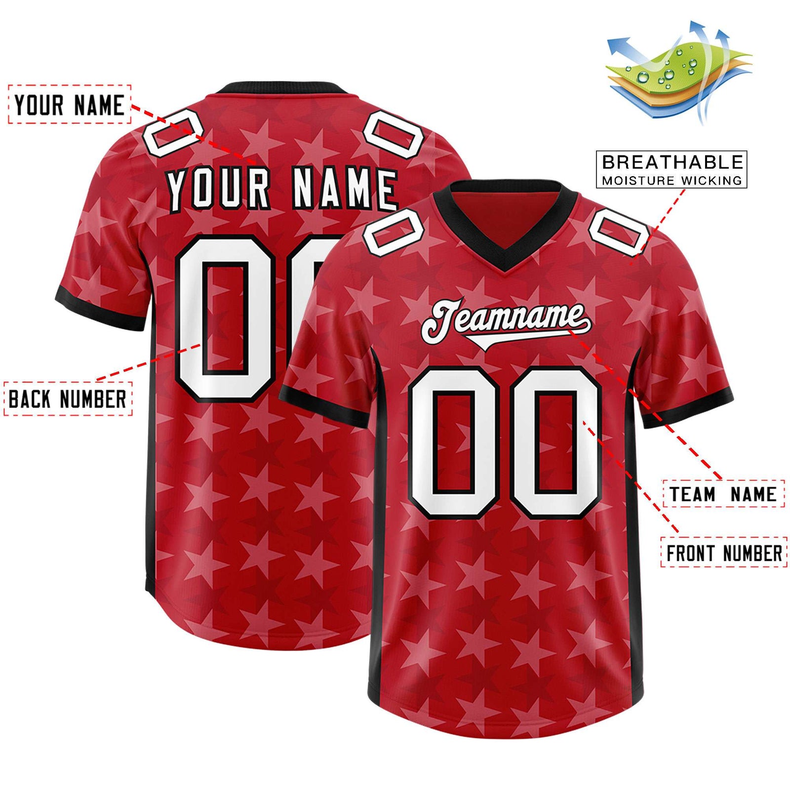 Custom Red Black Personalized All Star Graffiti Pattern Authentic Football Jersey