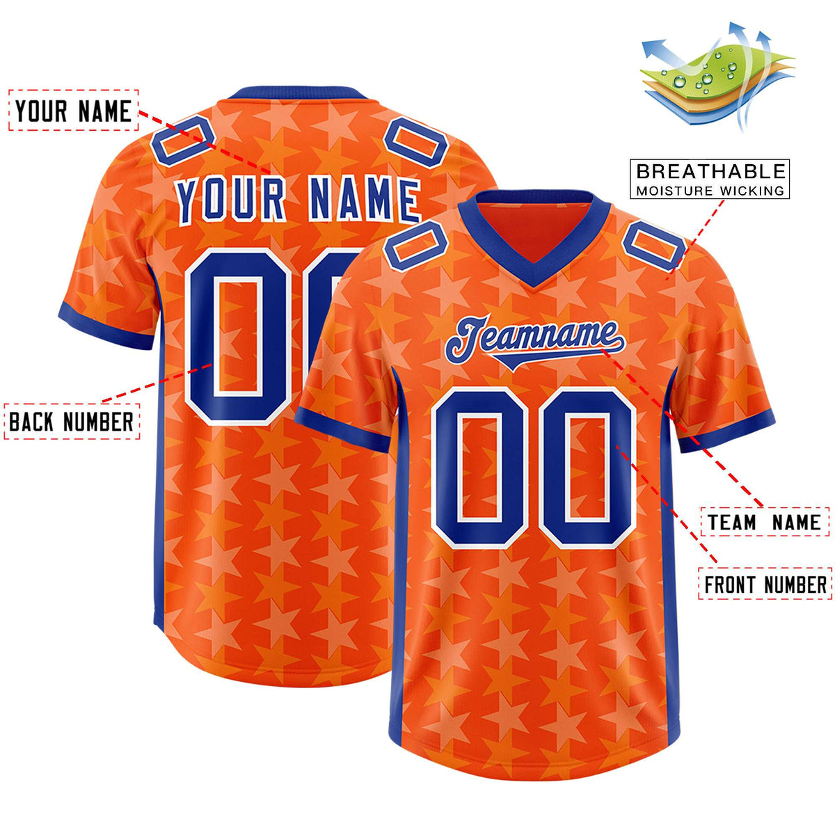 Custom Orange Royal Personalized All Star Graffiti Pattern Authentic Football Jersey