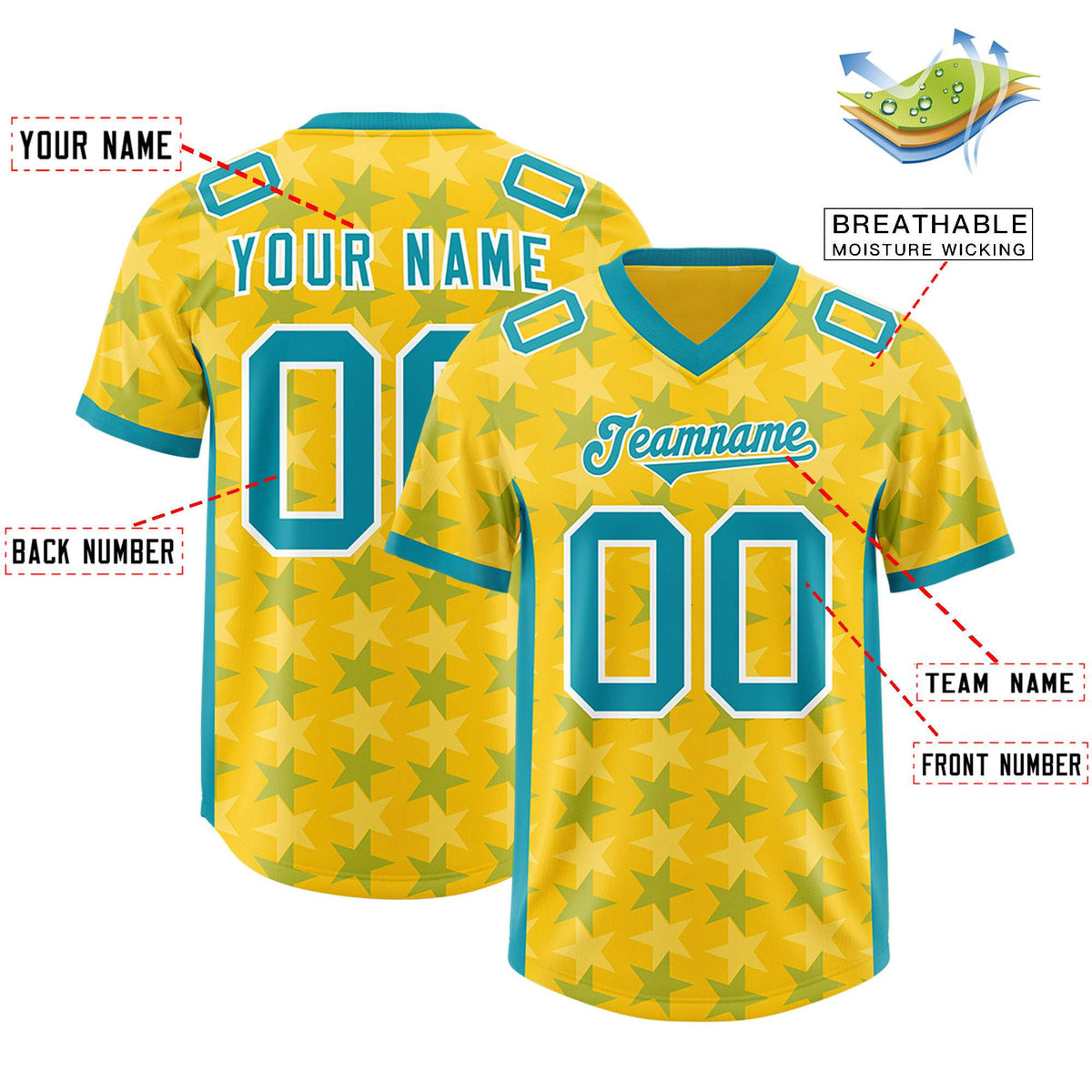 Custom Gold Aqua Personalized All Star Graffiti Pattern Authentic Football Jersey