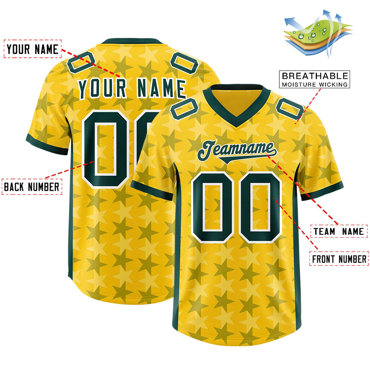 Custom Gold Green Personalized All Star Graffiti Pattern Authentic Football Jersey