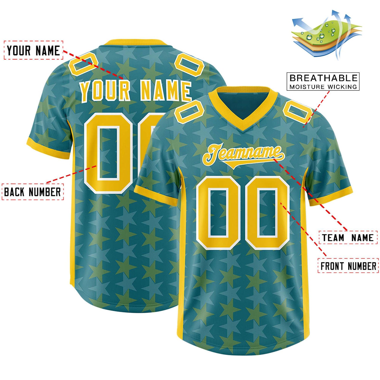 Custom Aqua Gold Personalized All Star Graffiti Pattern Authentic Football Jersey