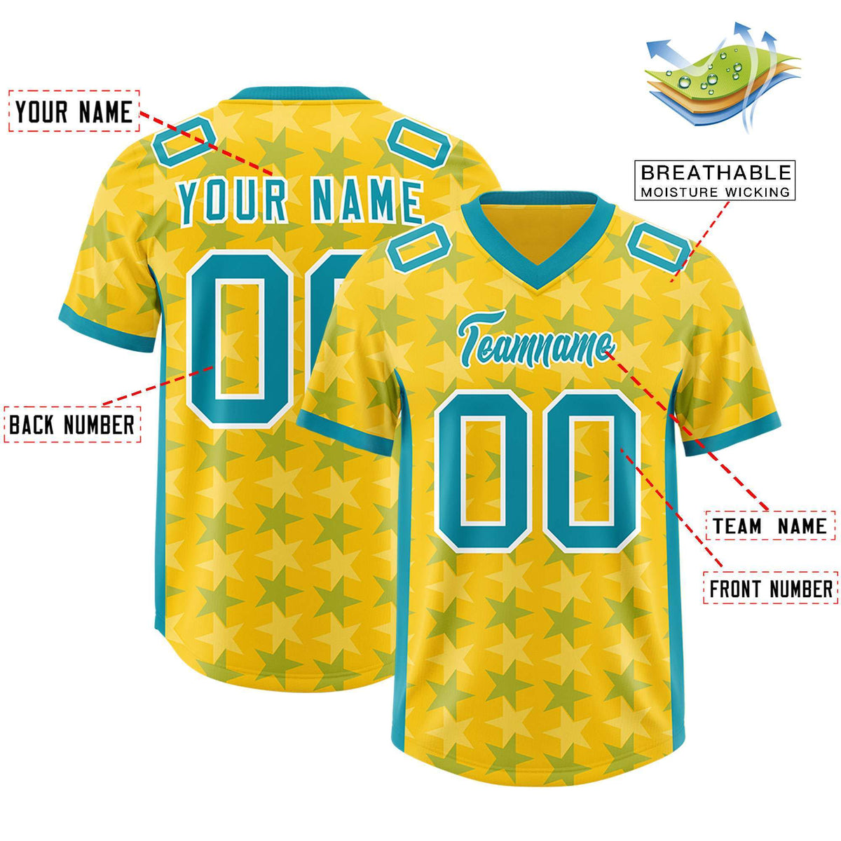 Custom Gold Aqua Personalized All Star Graffiti Pattern Authentic Football Jersey