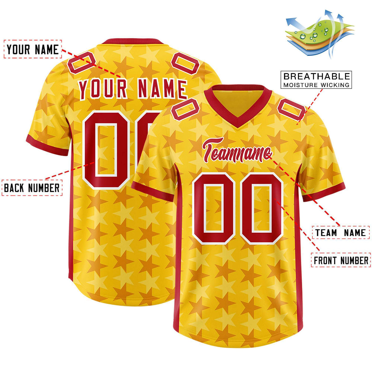 Custom Gold Red Personalized All Star Graffiti Pattern Authentic Football Jersey