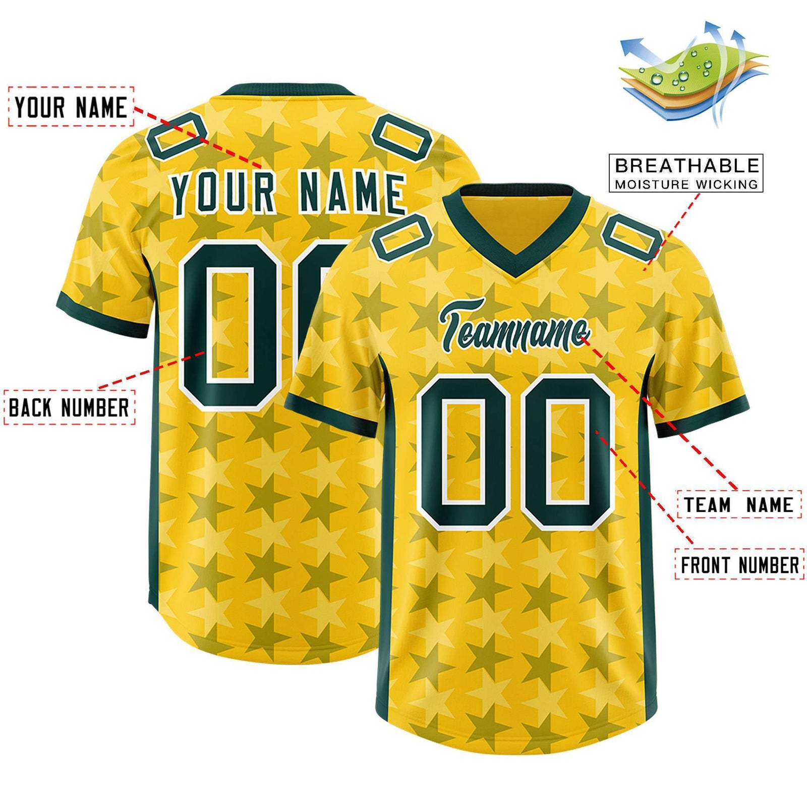 Custom Gold Green Personalized All Star Graffiti Pattern Authentic Football Jersey