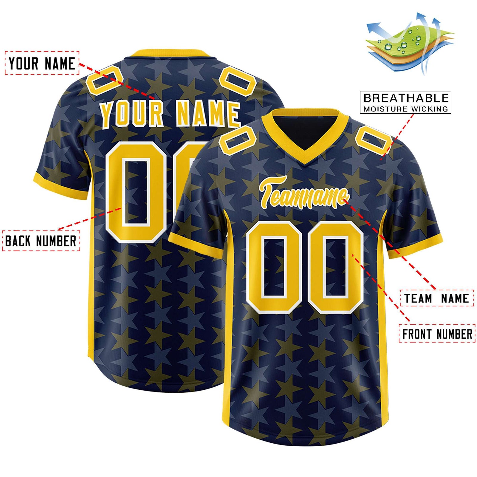 Custom Navy Gold Personalized All Star Graffiti Pattern Authentic Football Jersey
