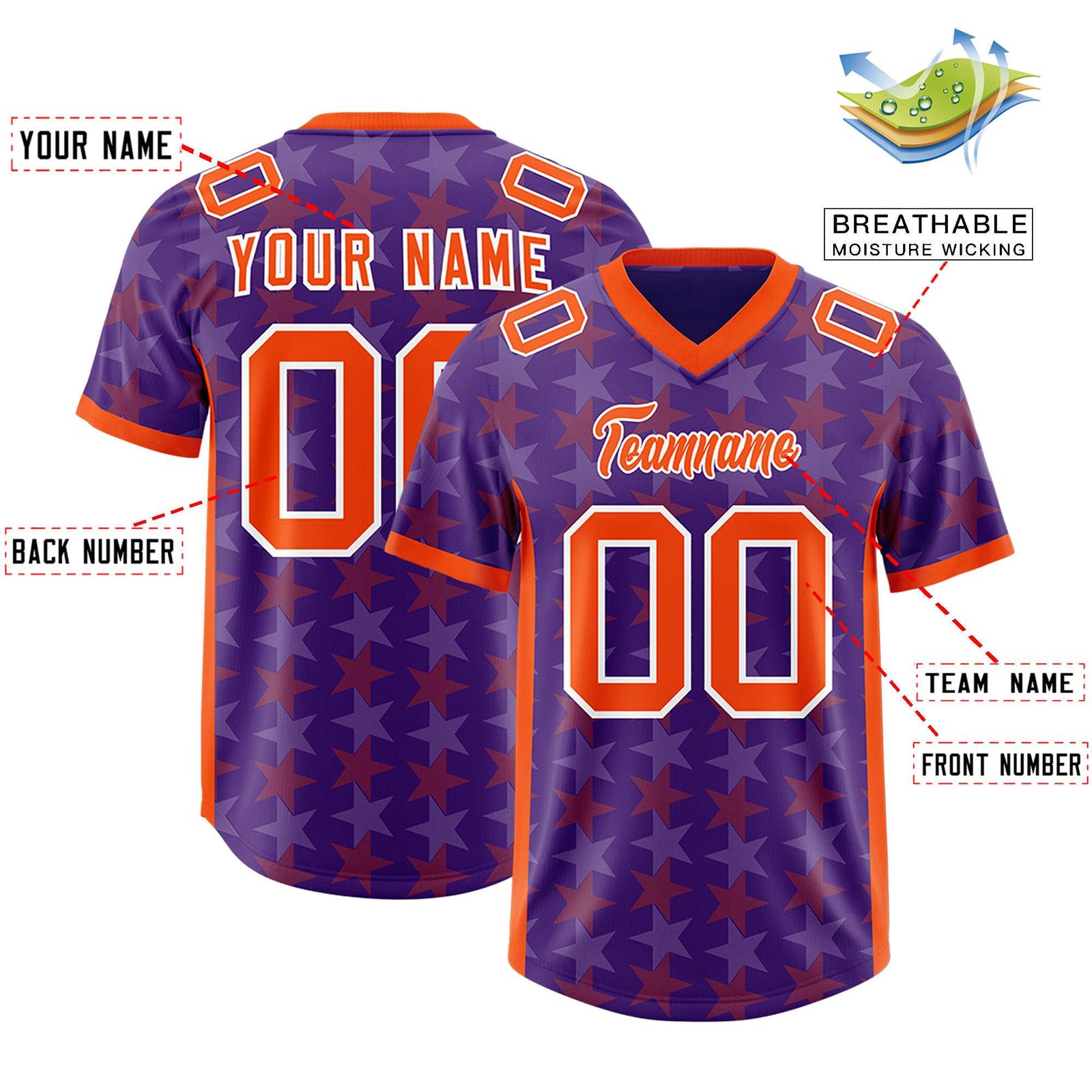 Custom Purple Orange Personalized All Star Graffiti Pattern Authentic Football Jersey