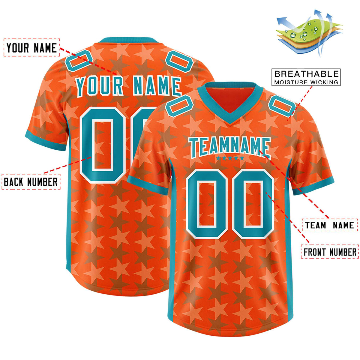 Custom Orange Aqua Personalized All Star Graffiti Pattern Authentic Football Jersey
