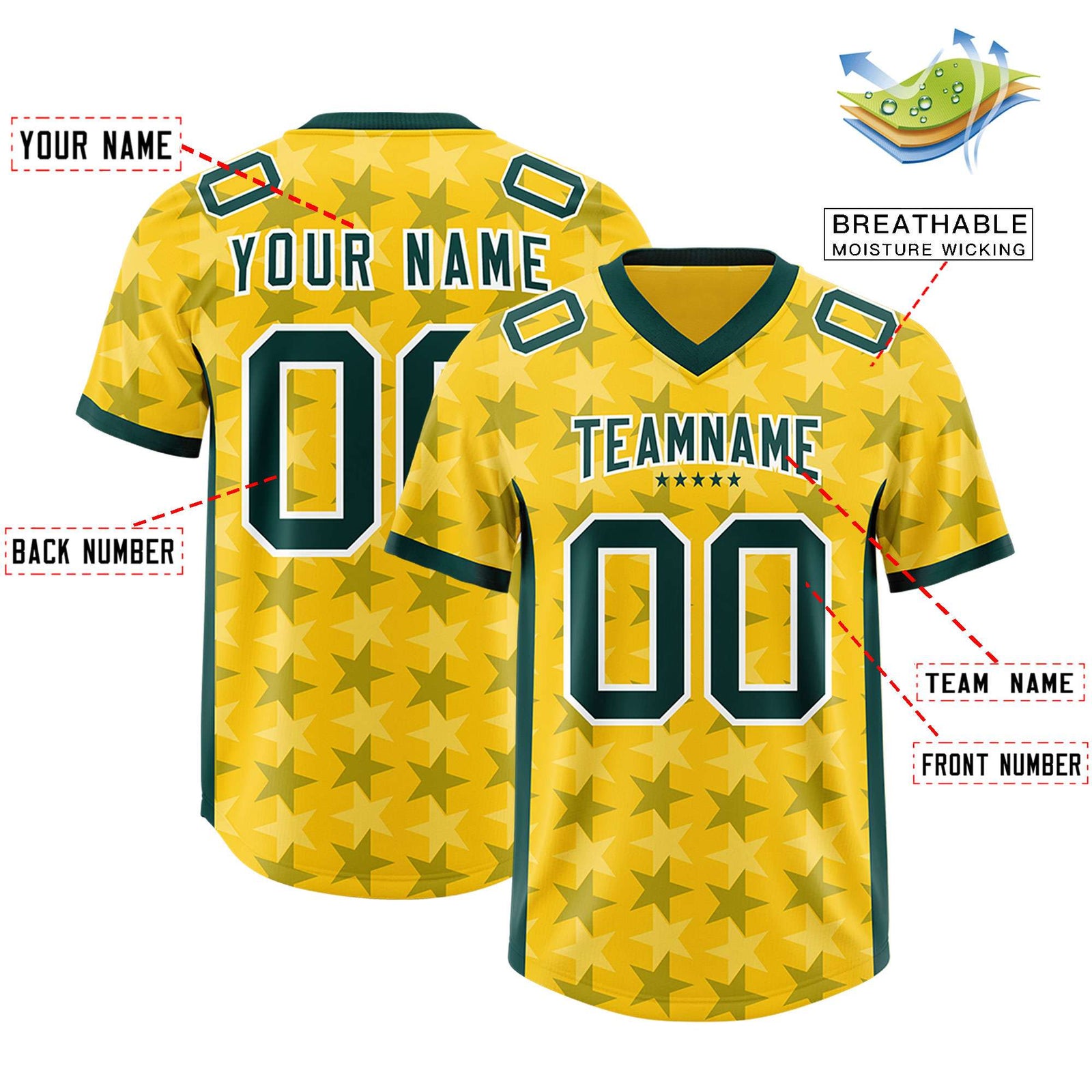 Custom Gold Green Personalized All Star Graffiti Pattern Authentic Football Jersey