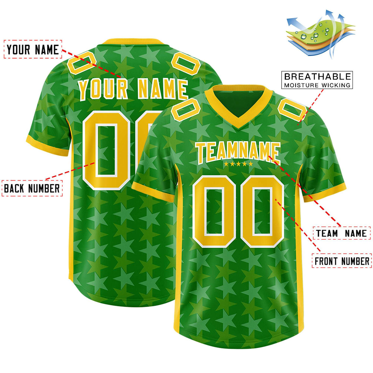 Custom Kelly Green Gold Personalized All Star Graffiti Pattern Authentic Football Jersey