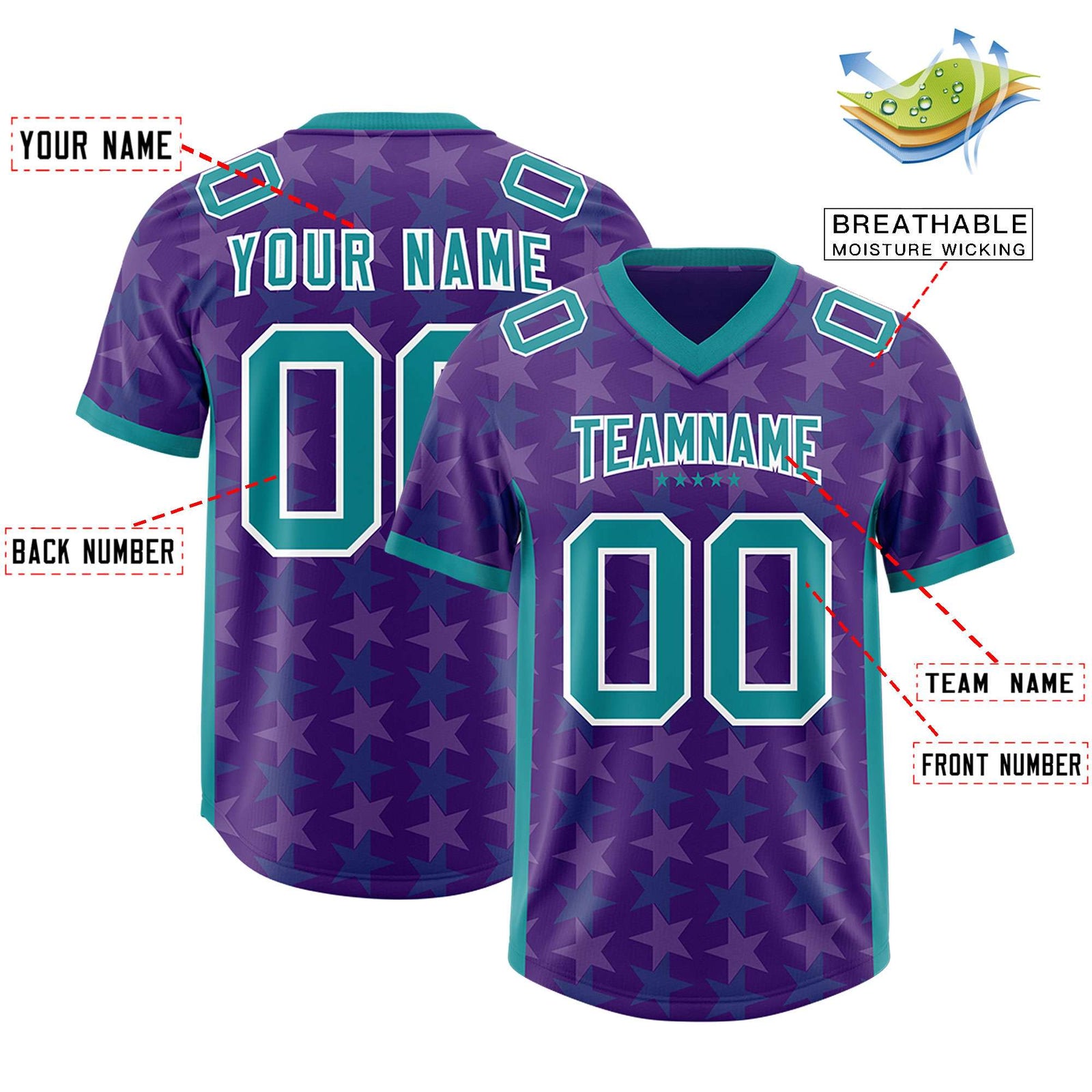 Custom Purple Aqua Personalized All Star Graffiti Pattern Authentic Football Jersey
