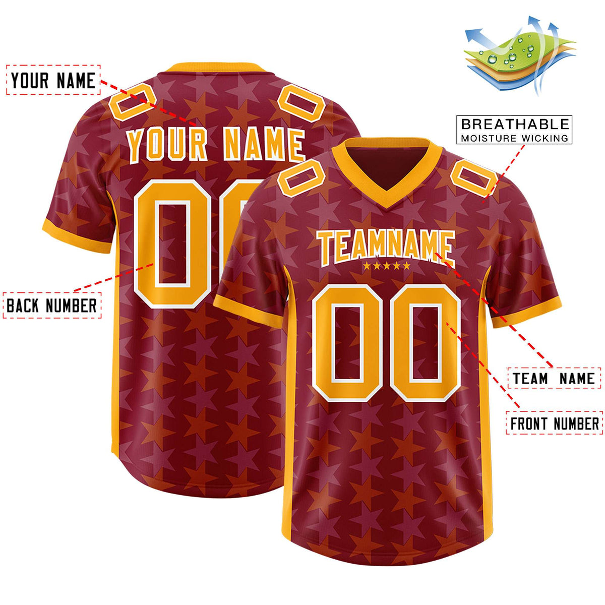 Custom Crimson Yellow Personalized All Star Graffiti Pattern Authentic Football Jersey