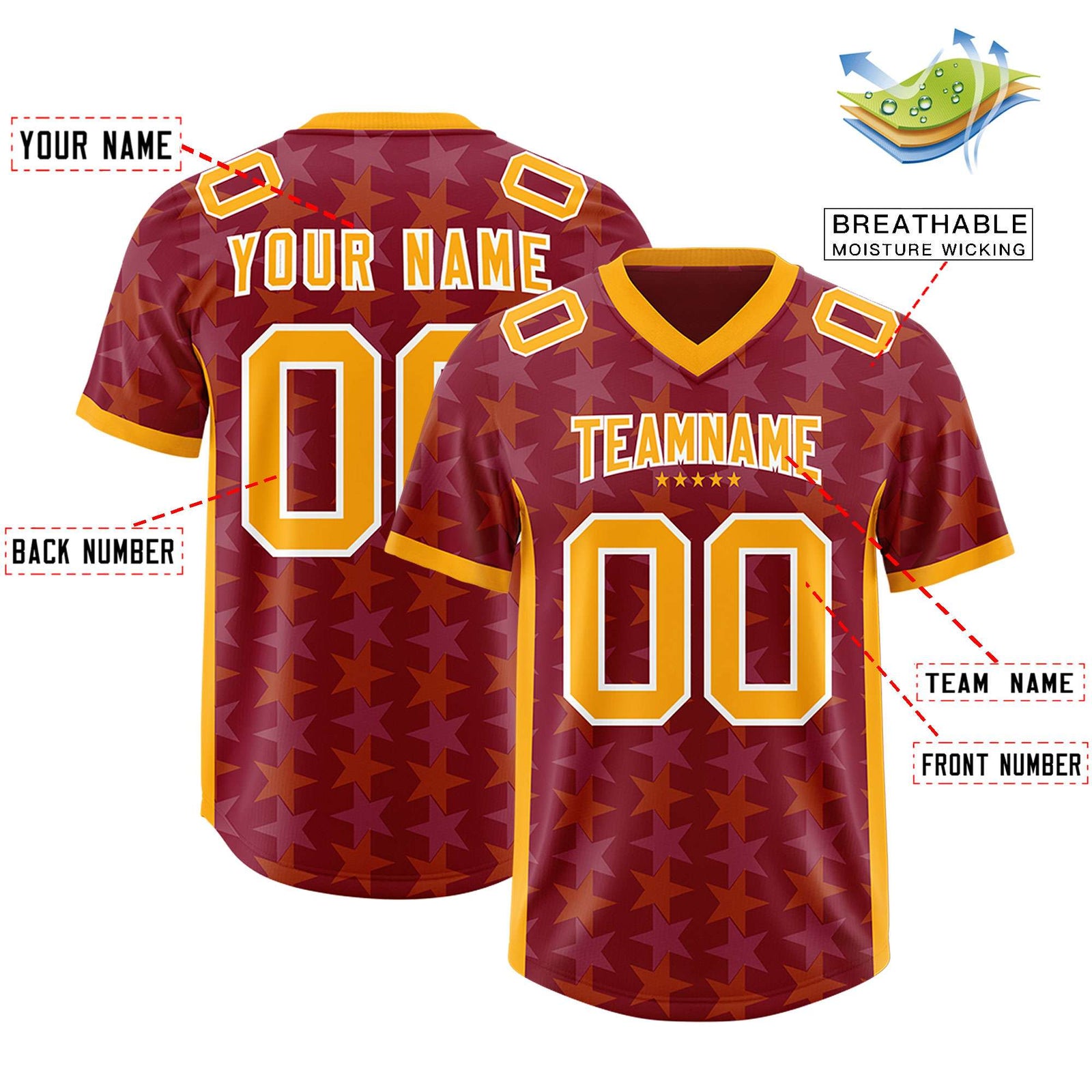 Custom Crimson Yellow Personalized All Star Graffiti Pattern Authentic Football Jersey