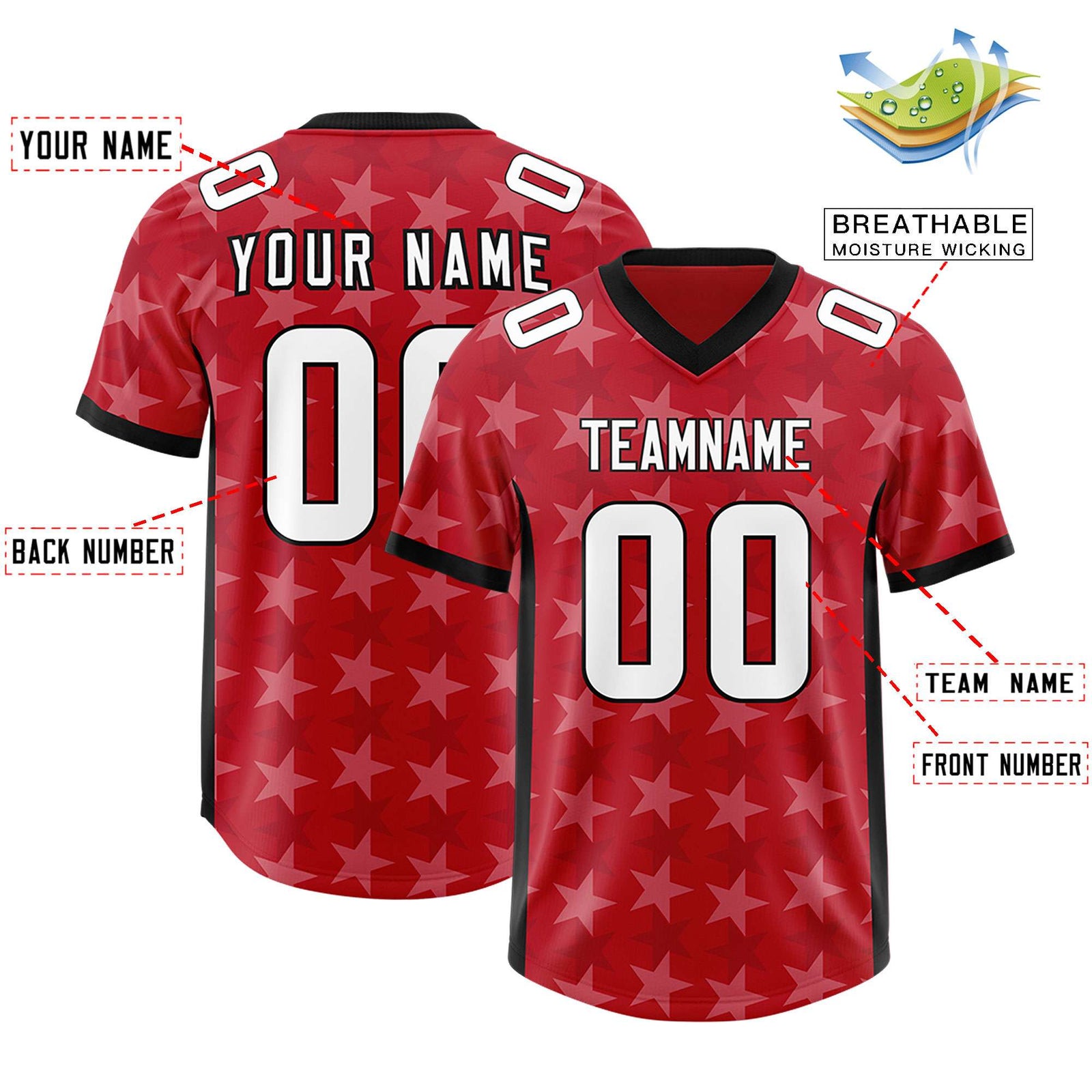 Custom Red Black Personalized All Star Graffiti Pattern Authentic Football Jersey