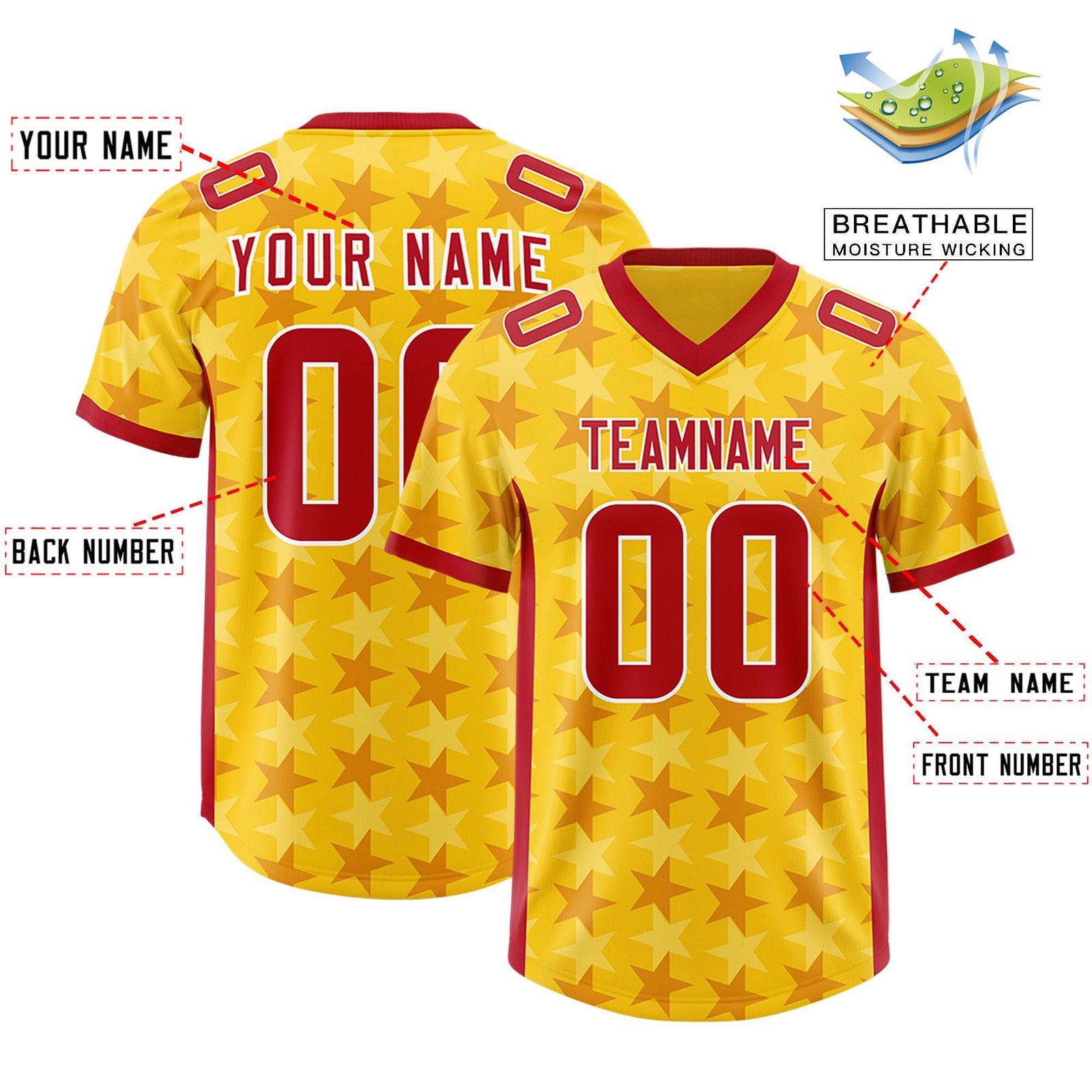 Custom Gold Red Personalized All Star Graffiti Pattern Authentic Football Jersey