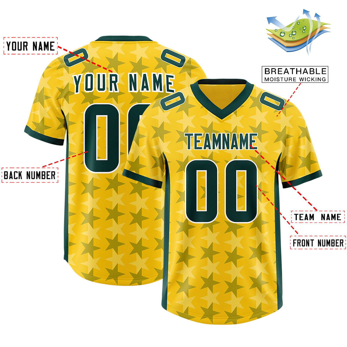 Custom Gold Green Personalized All Star Graffiti Pattern Authentic Football Jersey