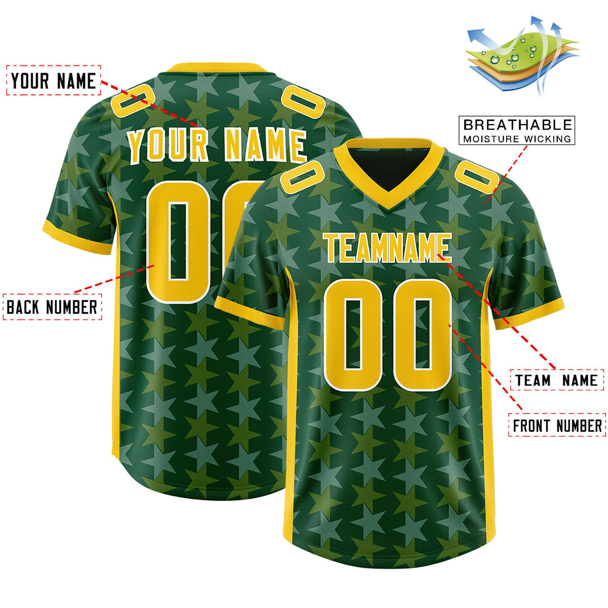 Custom Green Gold Personalized All Star Graffiti Pattern Authentic Football Jersey