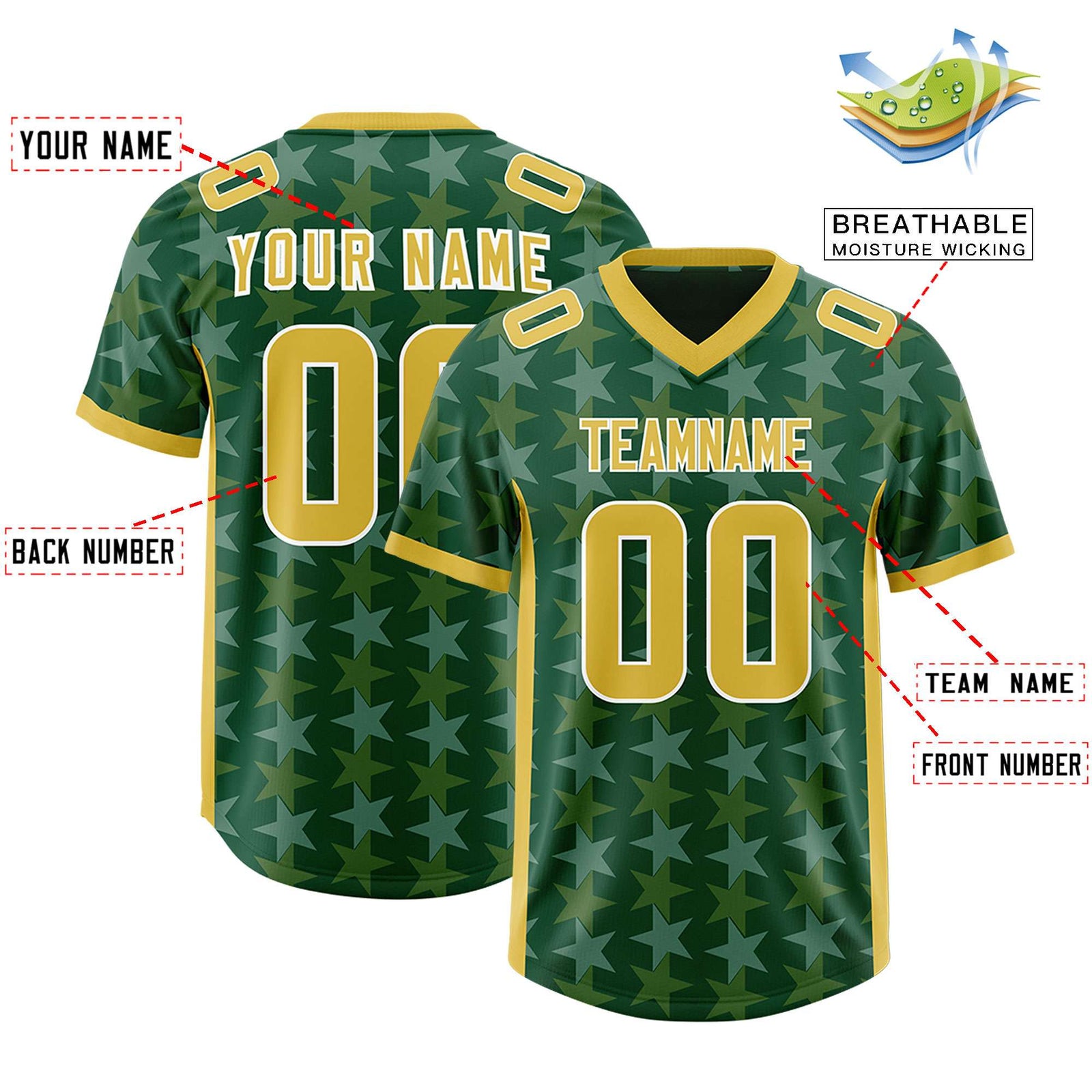 Custom Green Old Gold Personalized All Star Graffiti Pattern Authentic Football Jersey