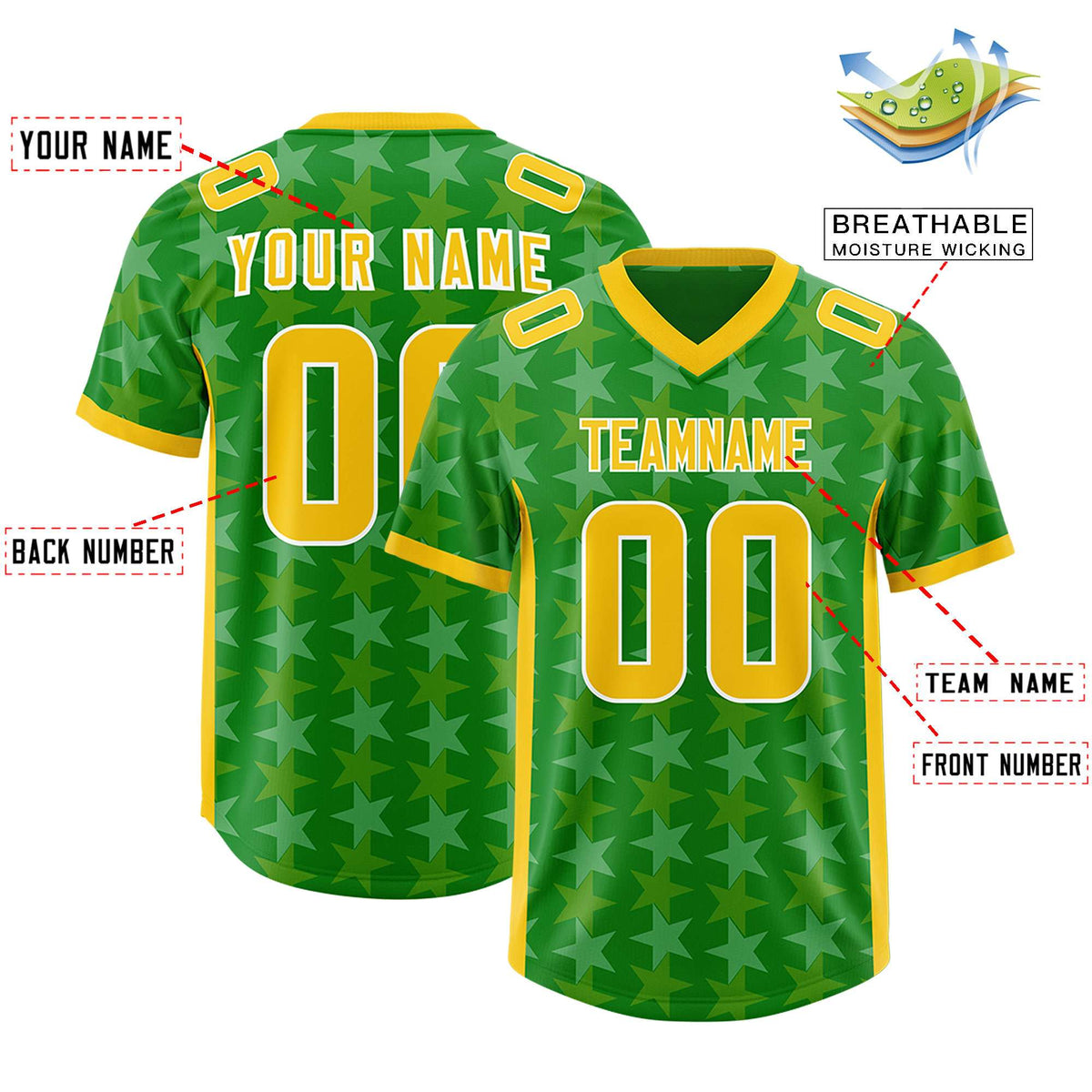 Custom Kelly Green Gold Personalized All Star Graffiti Pattern Authentic Football Jersey