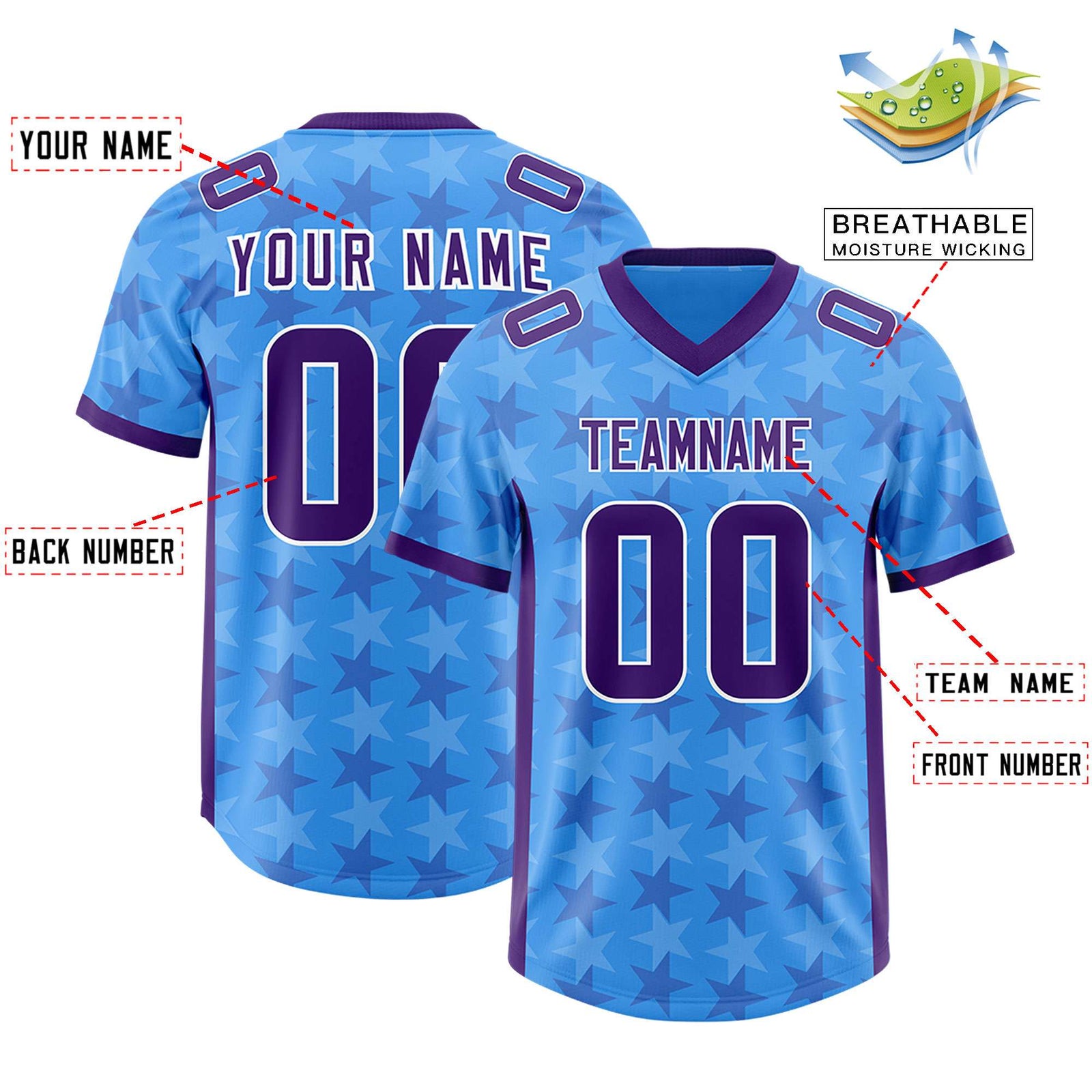 Custom Light Blue Purple Personalized All Star Graffiti Pattern Authentic Football Jersey