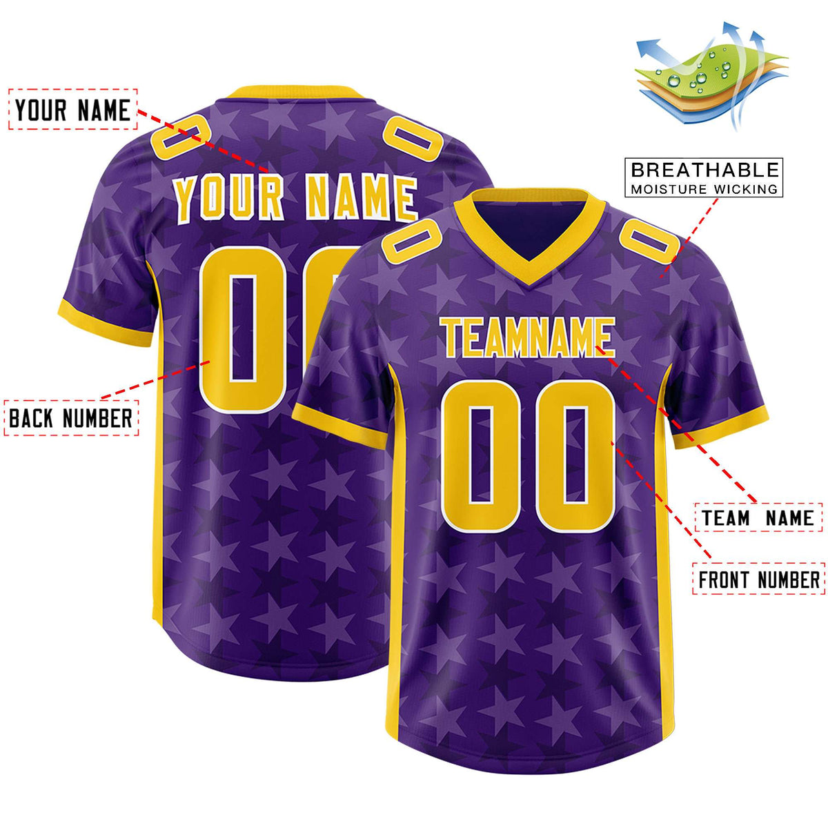 Custom Purple Gold Personalized All Star Graffiti Pattern Authentic Football Jersey