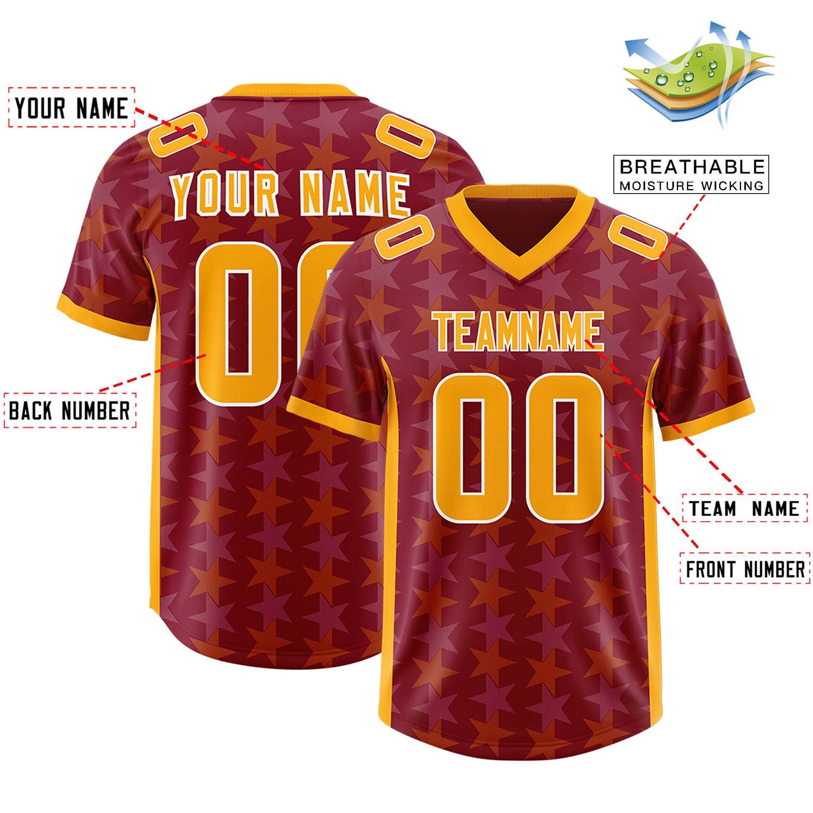 Custom Crimson Yellow Personalized All Star Graffiti Pattern Authentic Football Jersey