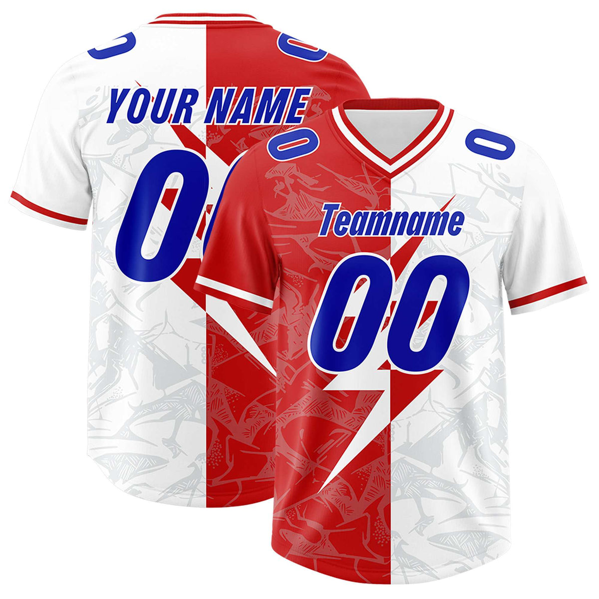 Custom White Red Split Personalized Lightning Pattern Football Jersey